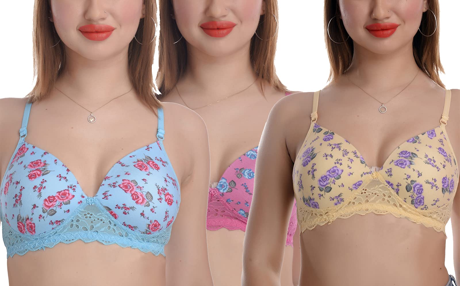 fims - fashion is my style Women Padded Lace Cotton Non Wired Full Coverage, Push up Bra, Regular Use, Comfortable Bra, Pink Yellow Blue, Cup- B, Pack of 3 Combo Pack-picture-25