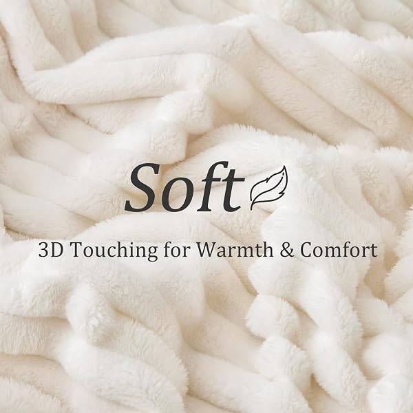 BEDELITE Fluffy Fleece Throw Blanket, Striped Decorative Soft Warm Gift for Sofa Bed Couch, Throw Size, Cream White - 5