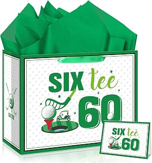 Quirkistry Golf 60th Birthday Gift Bag for Men Golf Happy Sixty Birthday Party Gifts bag with Tissue Paper Greeting Card Six-Tee Bday Gift Wrapping Bag for Sports Themed Party Decorations Supplies
