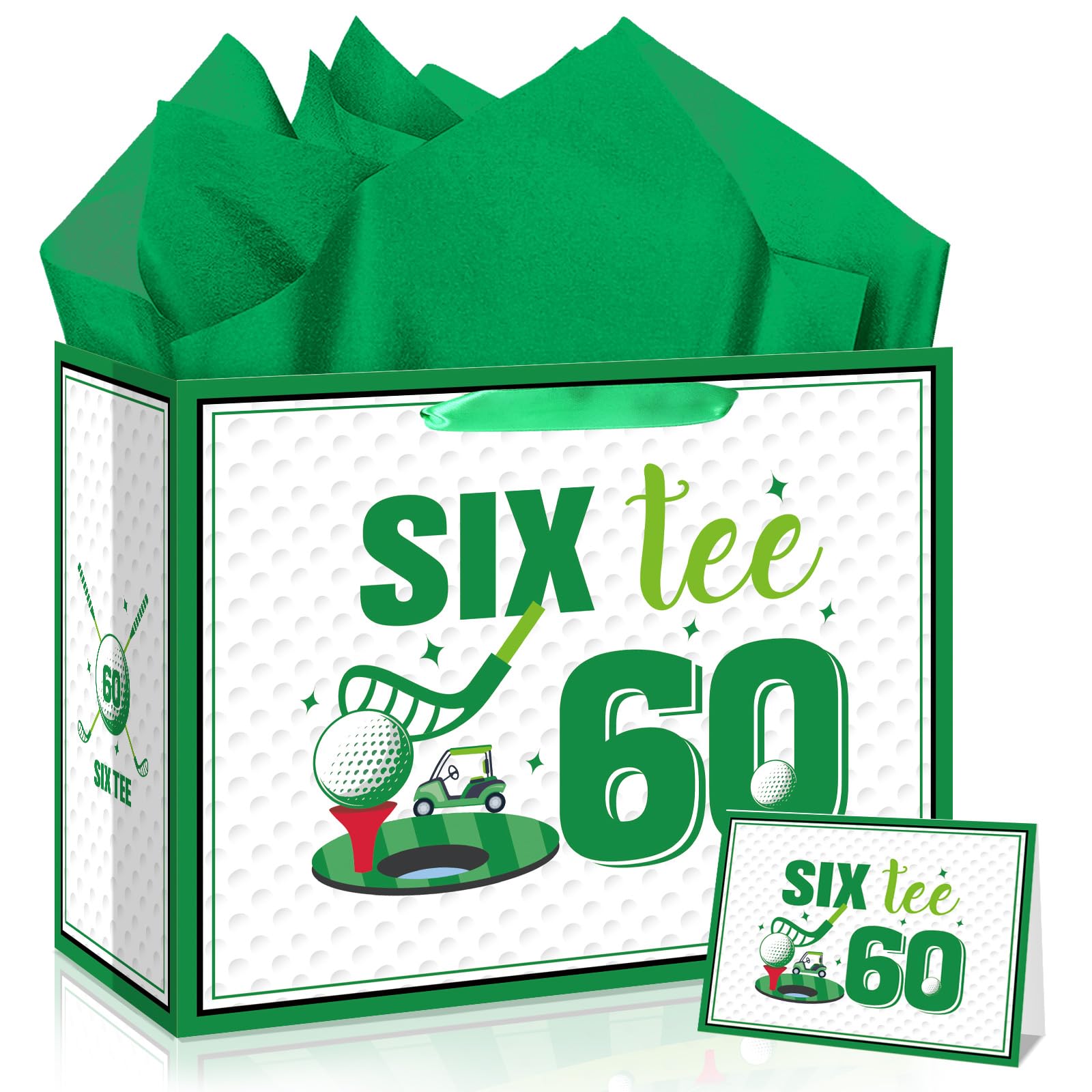 12'' Large 60th Golf Birthday Gift Bag with Greeting Card Tissue Paper Six-tee Funny Themed Party Decorations Presentation Present Bag for Men Dad Grandad Golf Lovers 60th Milestone Birthday Supplies