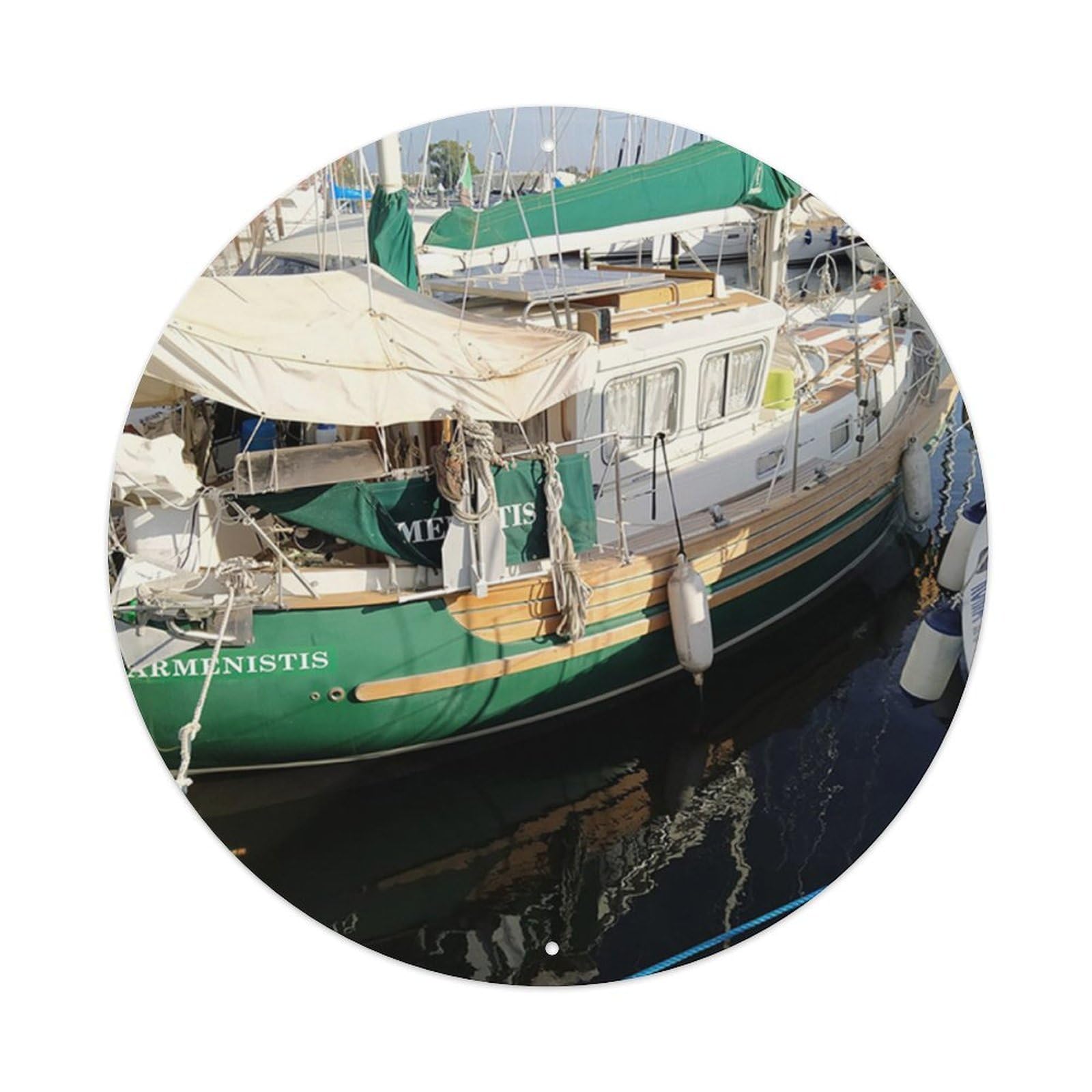 Ldfuieksufg Style Round Real Photo Green Wooden Sailor Boat Harbor Landscape Metal Wall Sign Vintage Aluminium Metal Sign, Retro Wall Decor For Home, Bar, Garage & Farmhouse 20X20cm