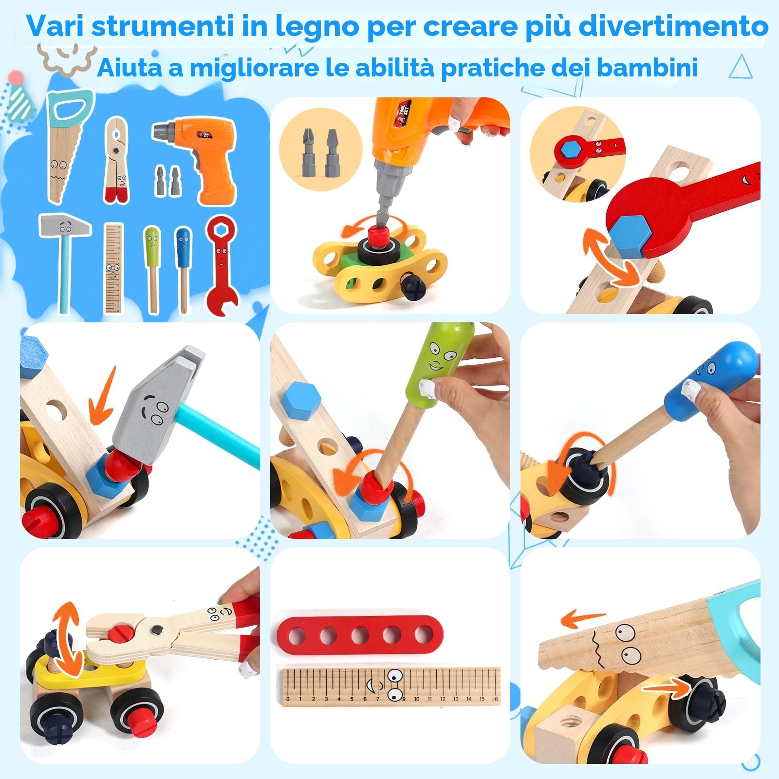 Giochi Bambini 3 Anni Cassetta Attrezzi Bambini Gioco Bambino 3 Anni in Legno con Trapano Elettrico & Grembiule Giochi Montessori 3 4 5 Anni, 45 Pezzi Regalo Bambino 3 4 Anni Maschio, 45 Pezzi