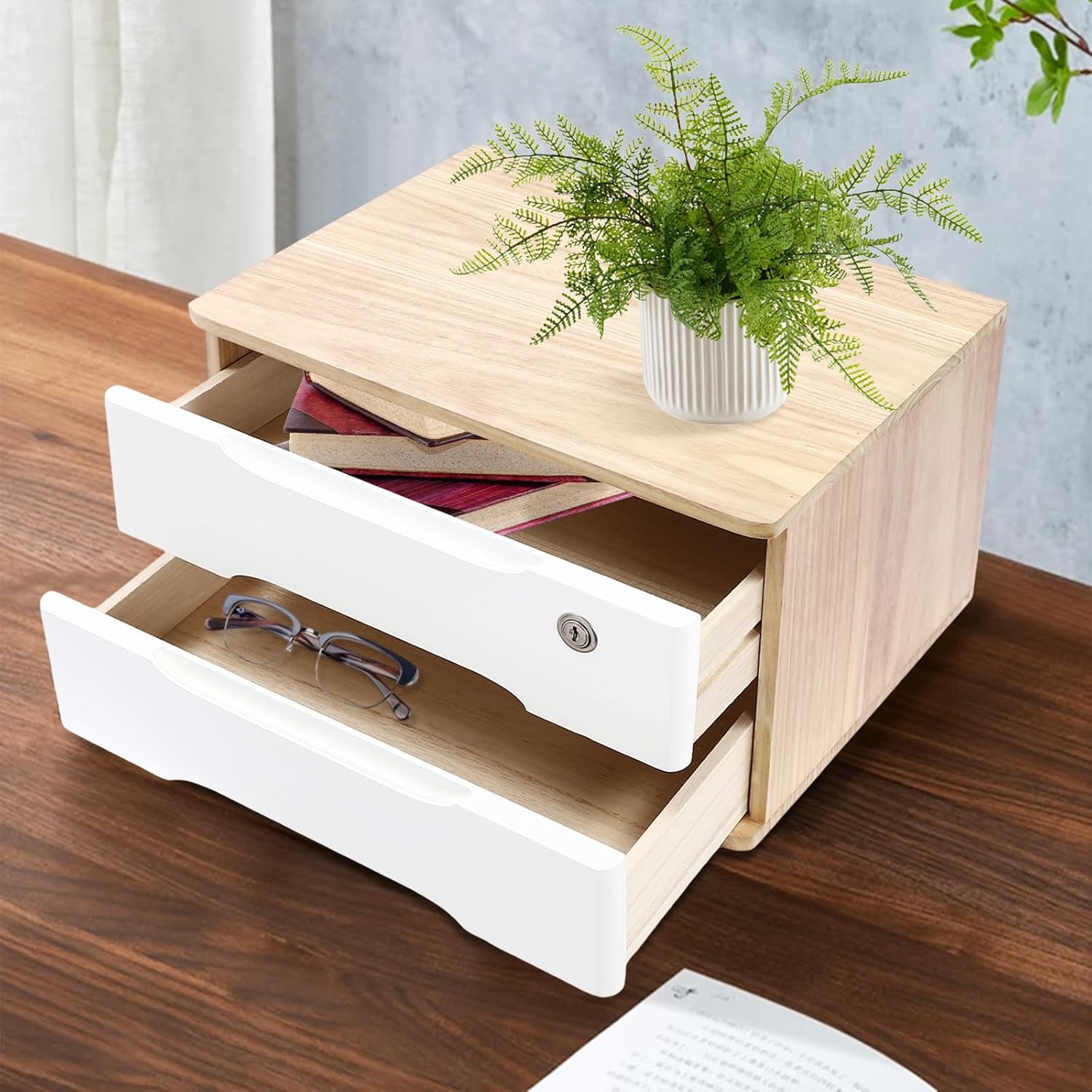 2 Drawers Wooden Desktop Storage Box with Lockable Drawers, Wooden Storage Cabinet Organizer Tabletop Storage Organization Box for Office,Home (Wood Color+White)