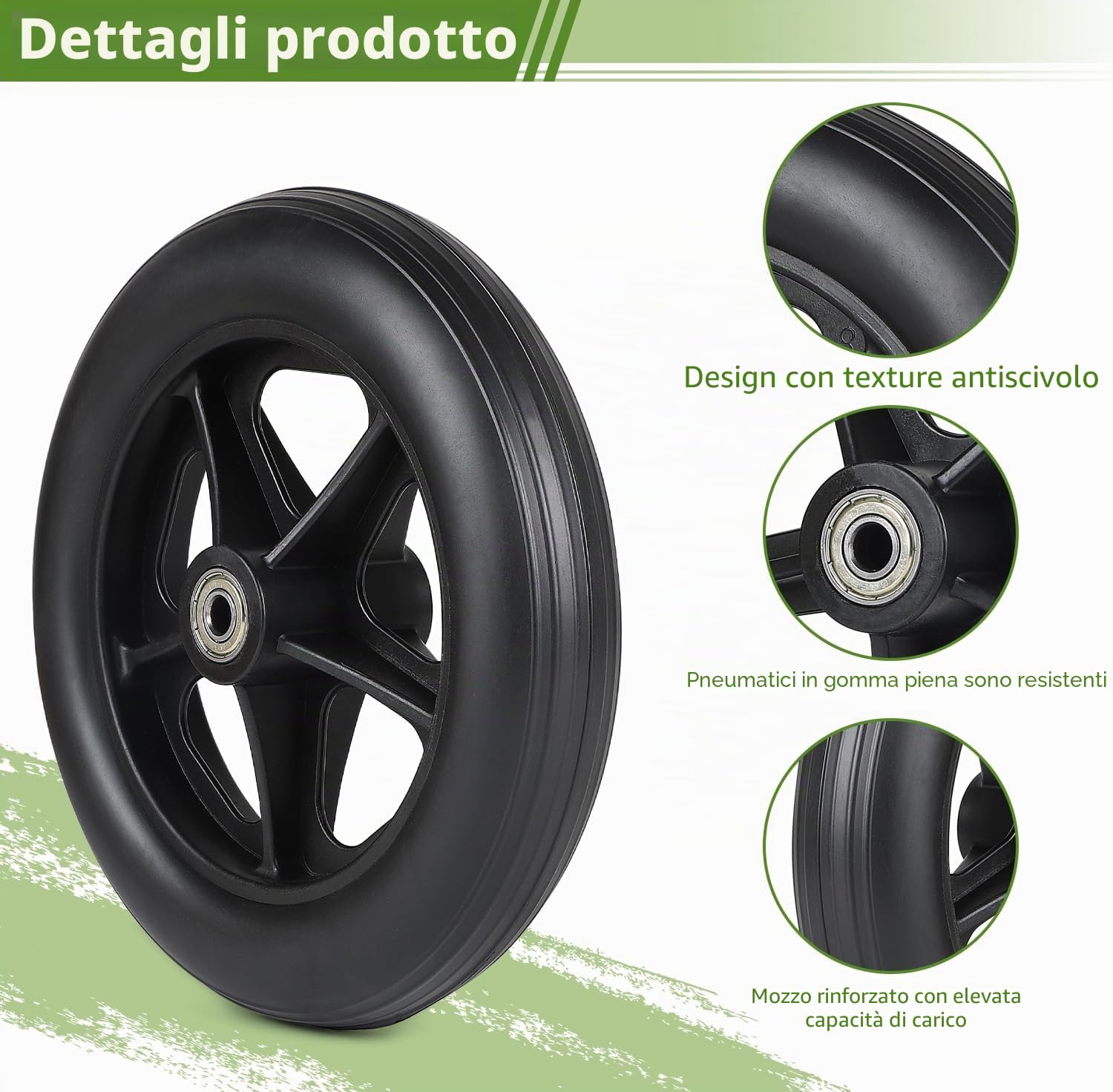 DBREAKS Ruota di ricambio per ruote anteriori, 2 ruote di ricambio solide, 180 mm, ruota anteriore per sedie a rotelle, deambulatori, kit ruote (nero)