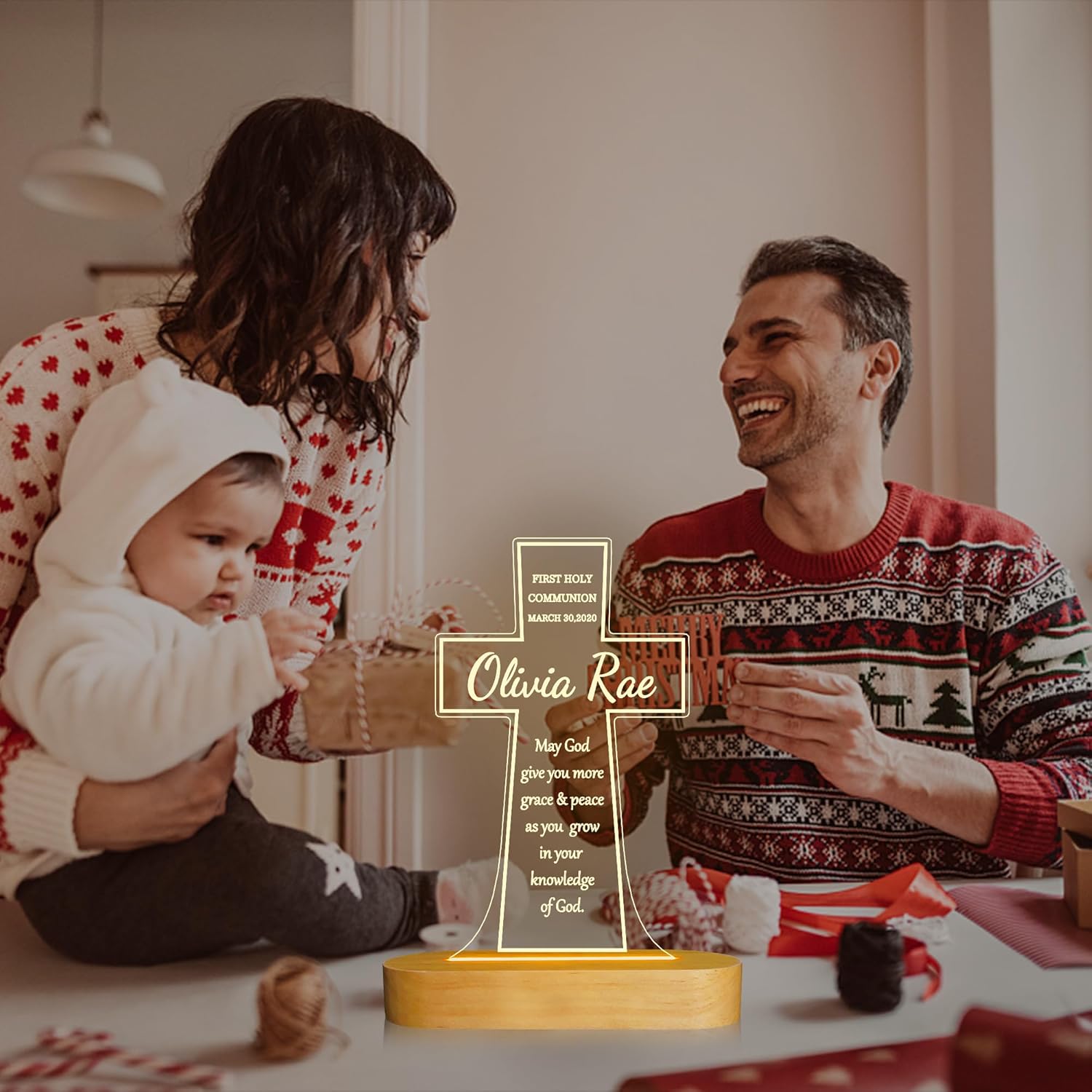 Ammonite Personalised First Communion Gift, Customize Cross Wooden Lamp Novelty Night Light lamp for Kids, Kids Decoration Lamp USB Power Bedroom Decor Godparents Gifts Christening Dedication Gift