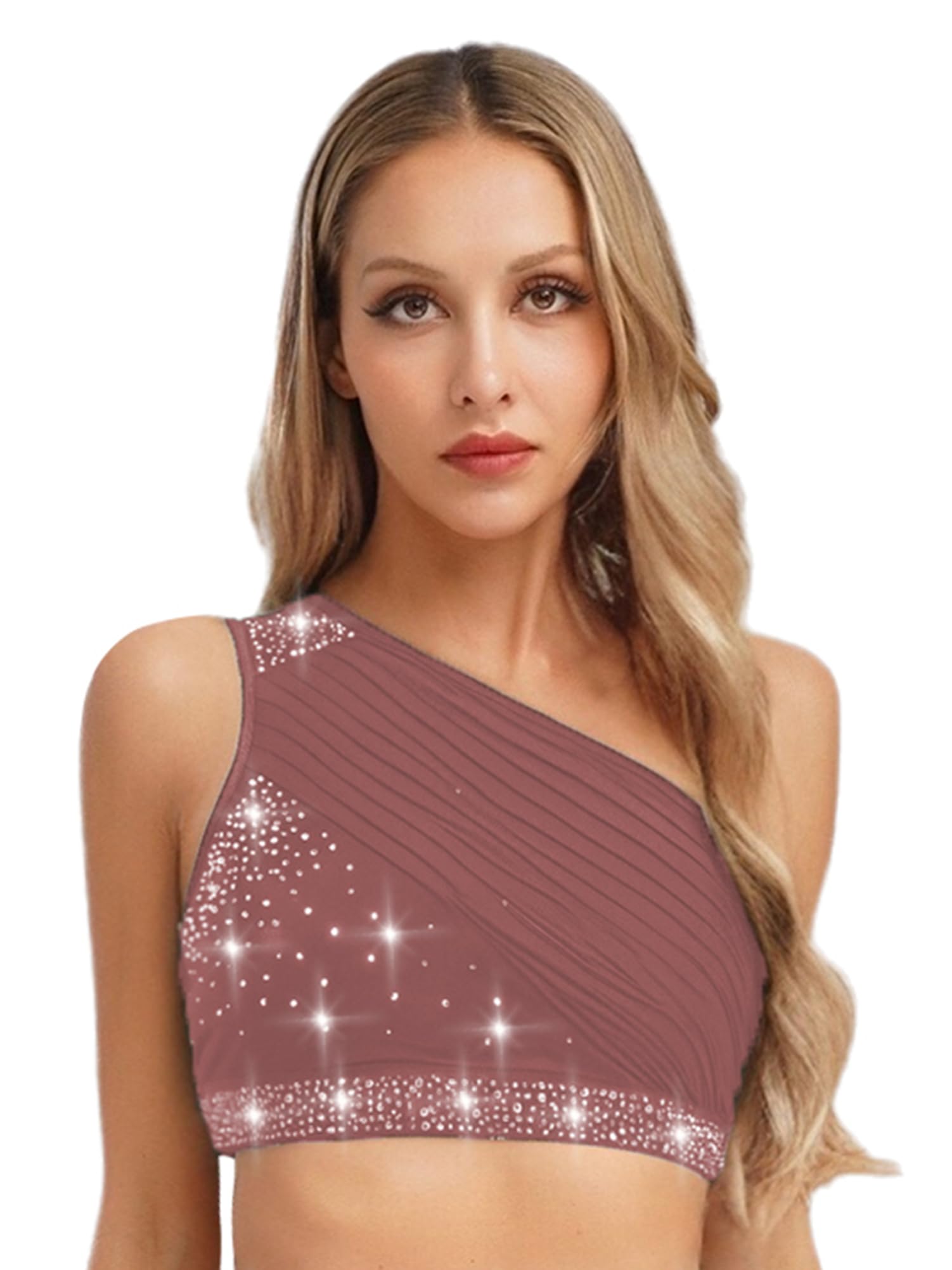 CHICTRY 2 Pezzi Donna Abito da Pattinaggio Artistico Strass Tuta da Ginnastica Monospalla Crop Top con Gonna di Danza Classica Vestito da Ballo Lirico