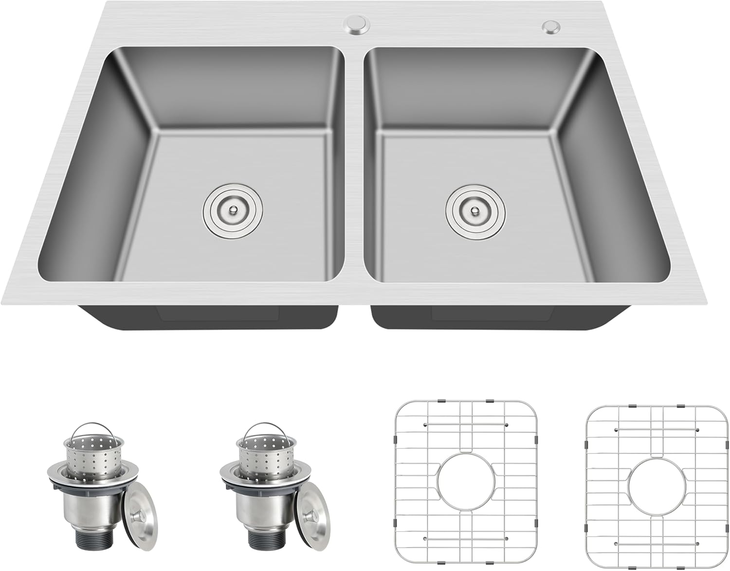 33 Inch Drop In Double Bowl Kitchen Sink, 33x22 Topmount 16 Gauge 304 Stainless Steel 50/50 Commercial Grade Kitchen Sinks, Strainer and Grid Included, 33" x 22" x 9"