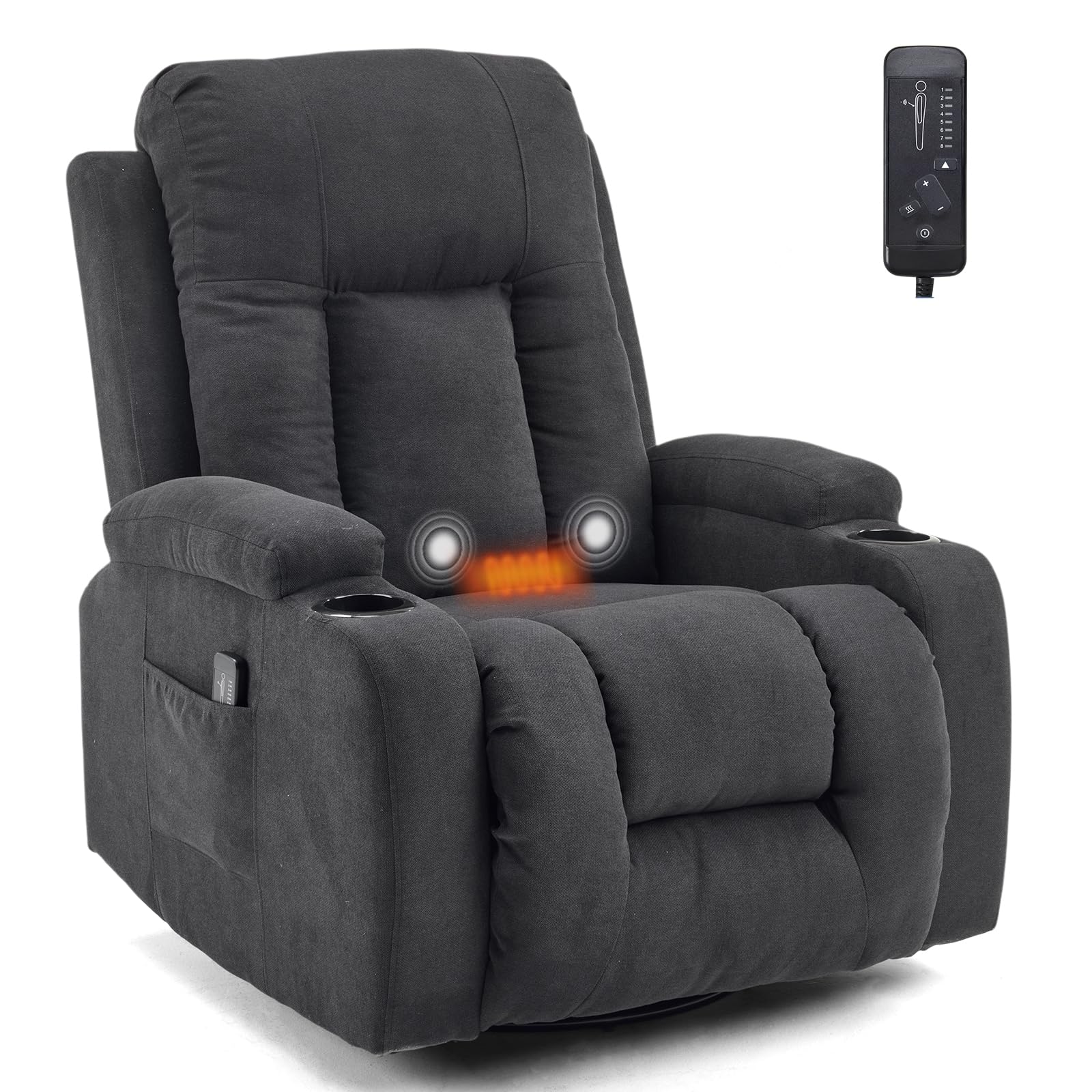 LEADZM Fauteuil Relax avec Fonction électrique Massage,avec 360° Chaleu et Tourner Réglage Manuel de Inclinaison Fauteuil Relaxant avec Repose-Pied,Télécommandes,Noir