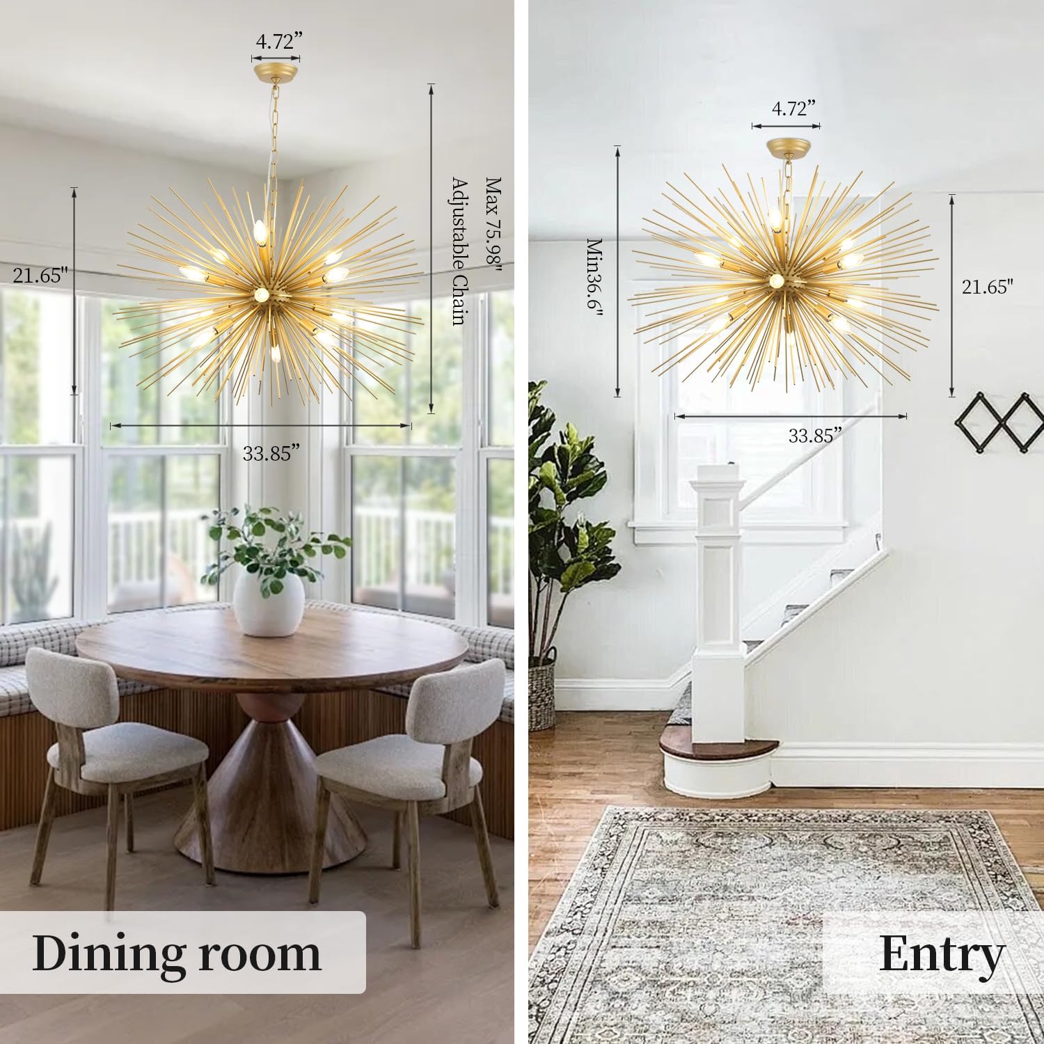 34in Modern Gold Sputnik Chandelier 12-Light Large Starburst Chandeliers Solid Metal Mid-Century Firework Chandelier for High Ceiling Bedroom, Dining Room, Kitchen, Living Room, Entryway, E12