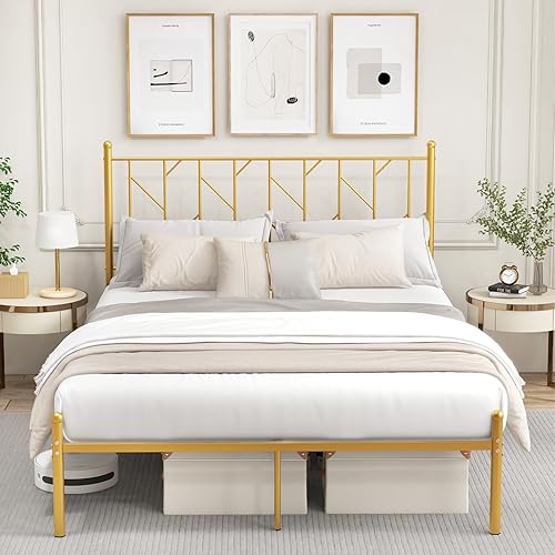 Miniatura 10 de Giantex Base de cama de metal negro con cabecera de estilo victoriano, base de cama de plataforma de 12.5 pulgadas con soporte de 14 listones de