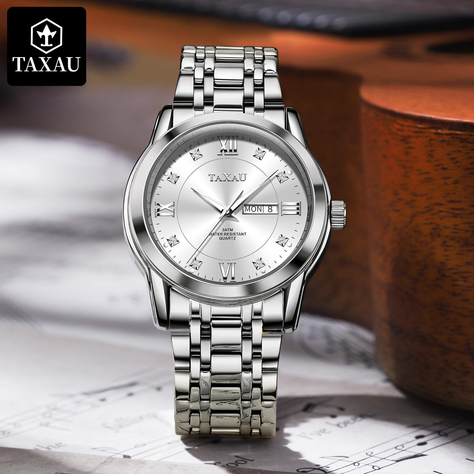 Taxau Armbanduhr Herren Chronograph Analogue Quartz Uhr Herren Edelstahl Wasserdicht Leuchtende Klassische Luxus Business Herrenuhren Geschenke für Männer