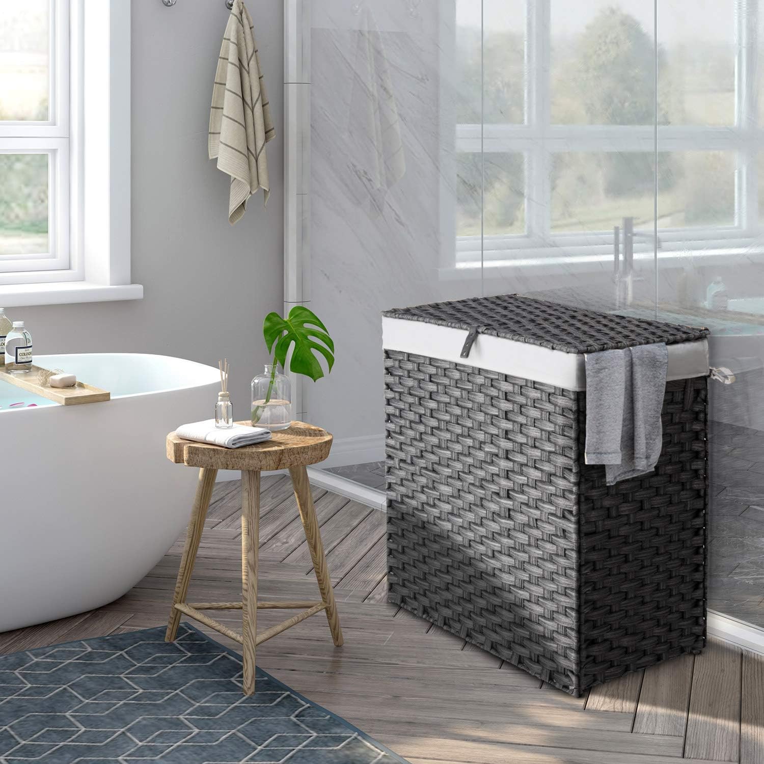 GREENSTELL Laundry Hamper with 2 Removable Liner Bags - 90L Divided Clothes Hamper, Handwoven Synthetic Rattan Foldable Laundry Basket with Lid and Handles Gray (17.5x12.5x25.5Inches)