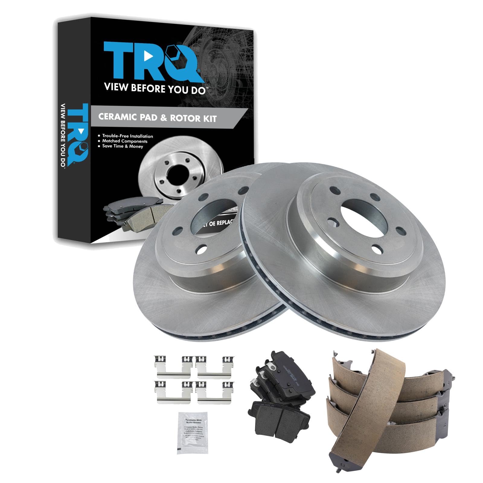 TRQ Rear Brake Pad and Rotor Set Ceramic Vented Rotors Parking Shoe Compatible with 2005-2021 Chrysler 300 2009-2021 Challenger 2006-2021 Charger 2005-2008 Magnum