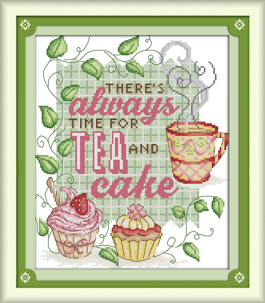 Howie's Needlepoint Cross Stitch Kits, 14CT Pre-Printed Pattern Needlepoint Kits, Full Range of Stamped Starter Kits (Tea and Cake, 11.8 x 13.4 Inch)