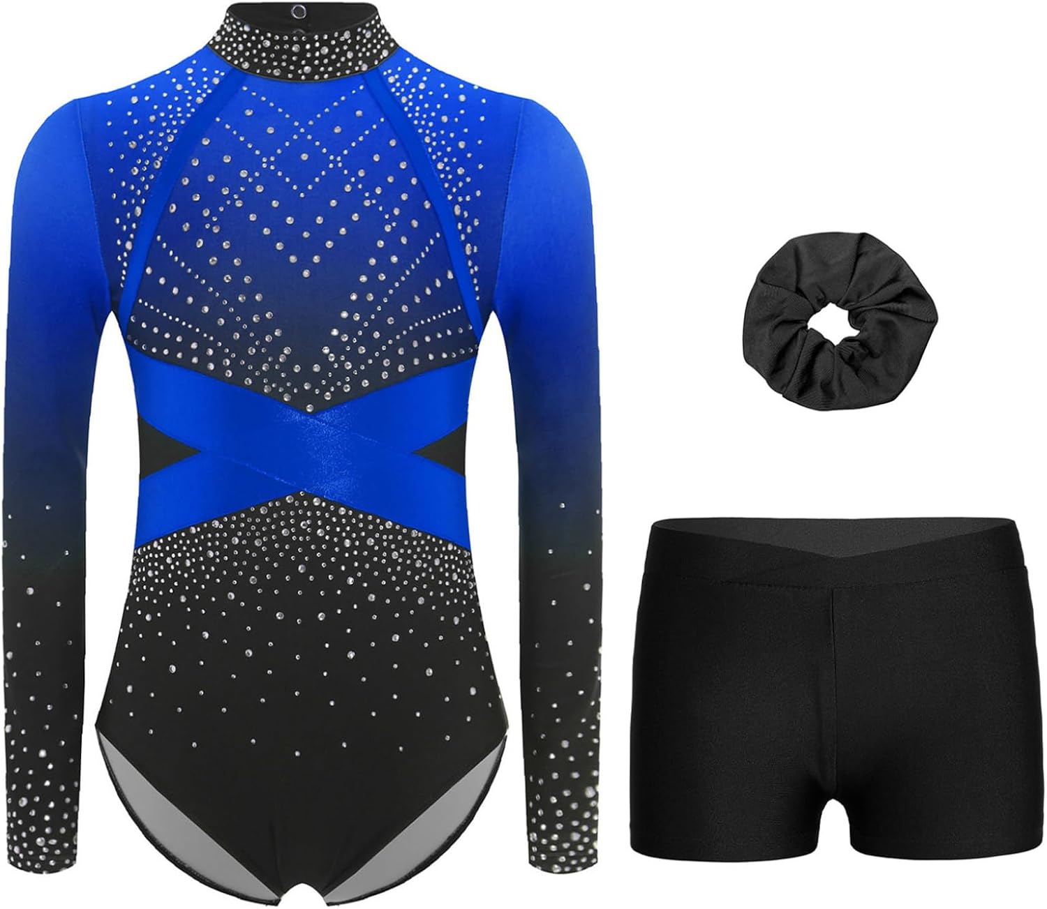 Girls' Dance Unitards Long Sleeve Leotards with Shorts and Hairband Gymnastics Set Athletic Ballet Bodysuit