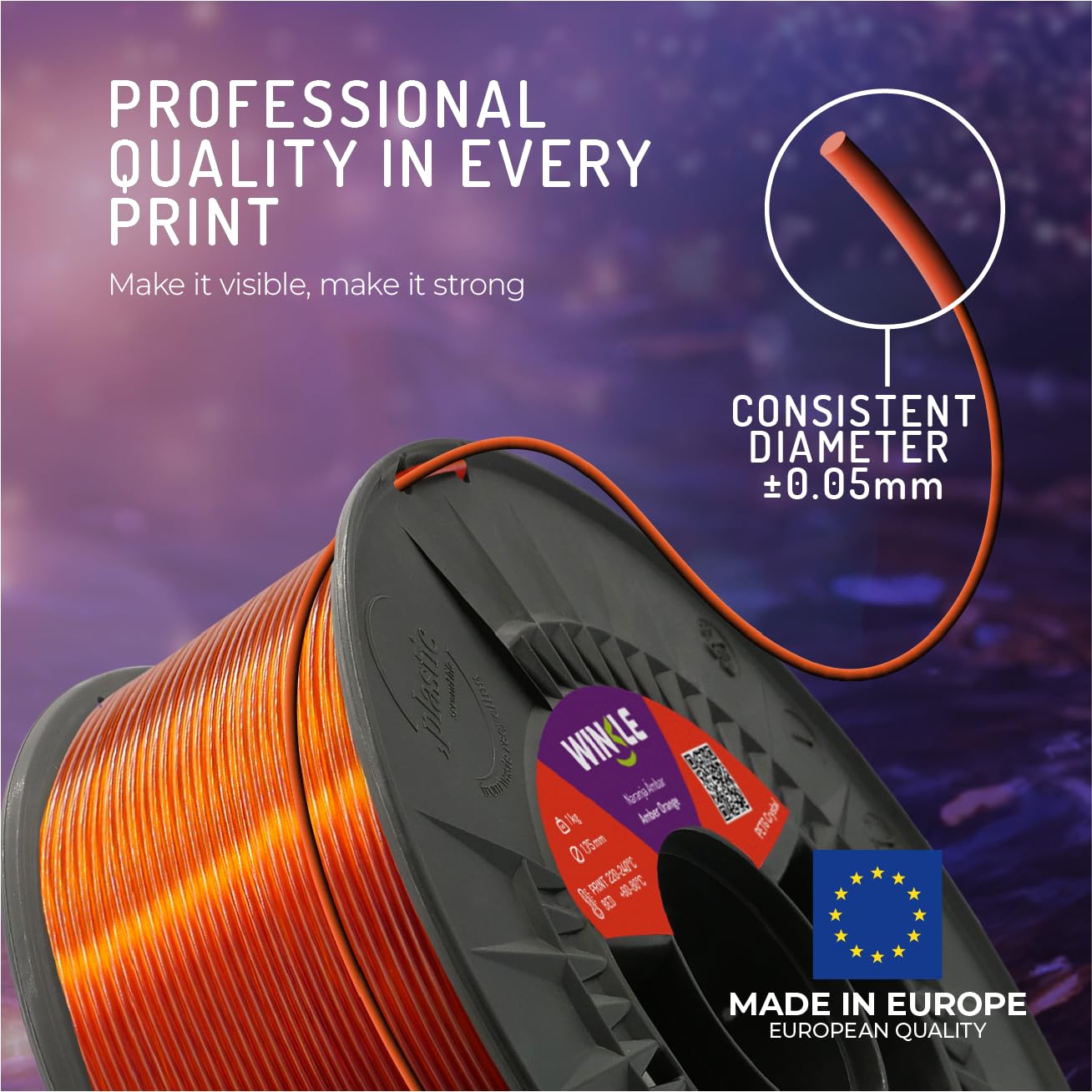 WINKLE Filament PETG pomarańczowy kryształ bursztynowy | Filament do drukarki 3D | Filament PETG 1,75 mm 300 g | Kompatybilny z większością drukarek 3D | PETG Pomarańczowy | Dokładność wymiarowa |