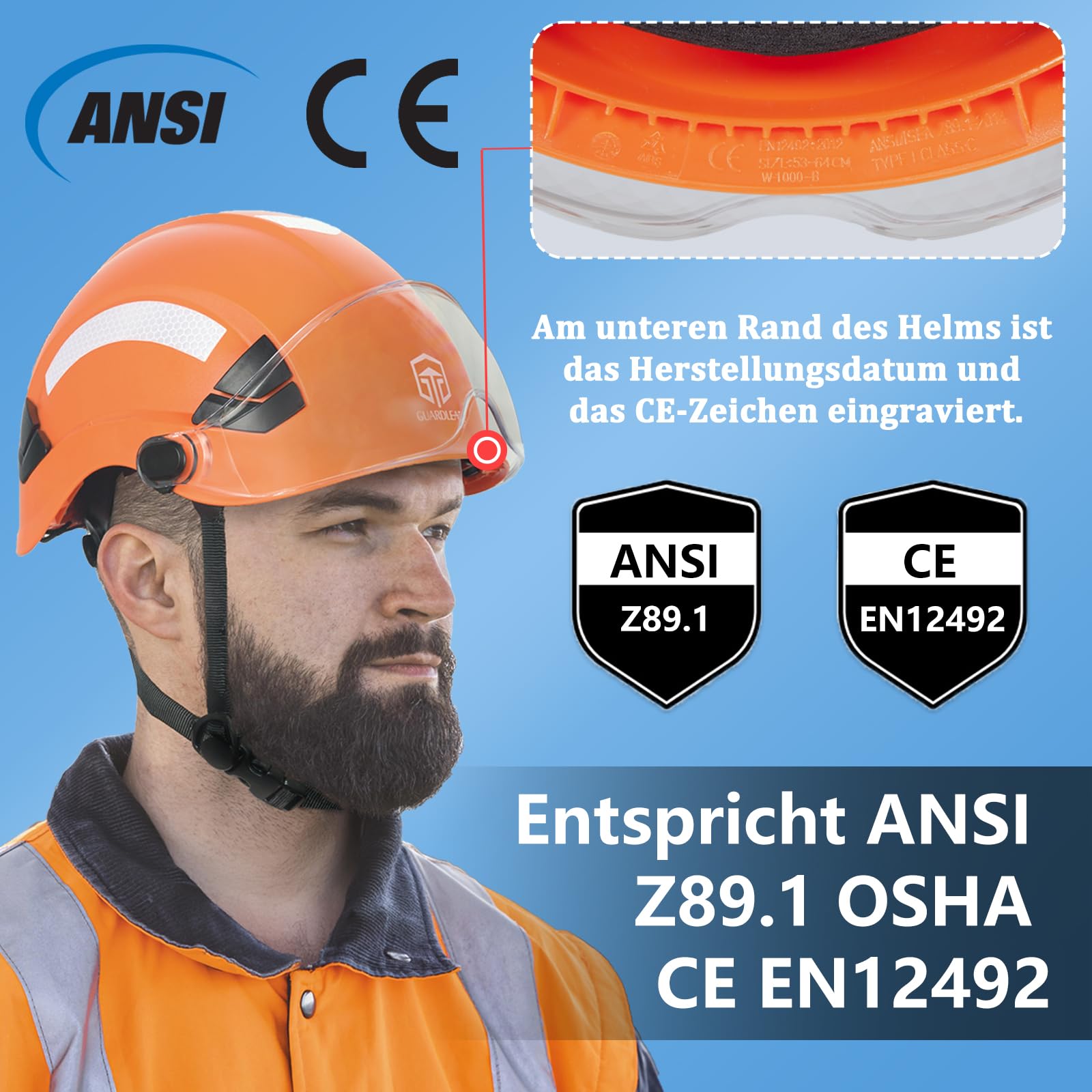 Bauhelm mit Visier und Belüftungslöcher, ANSI Z89.1 zugelassene bauhelme Erwachsene, EN397 und EN12492 Schutzhelm ABS Baustellenhelm für Damen und Herren