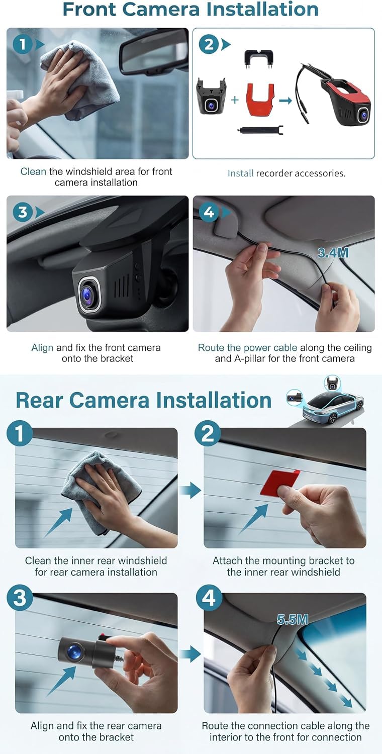 CAMECHO Dashcam 4K con telecamera posteriore per auto, 1080P, 30 fps, Wi-Fi, video con sensore G, registrazione in loop, accessori OEM