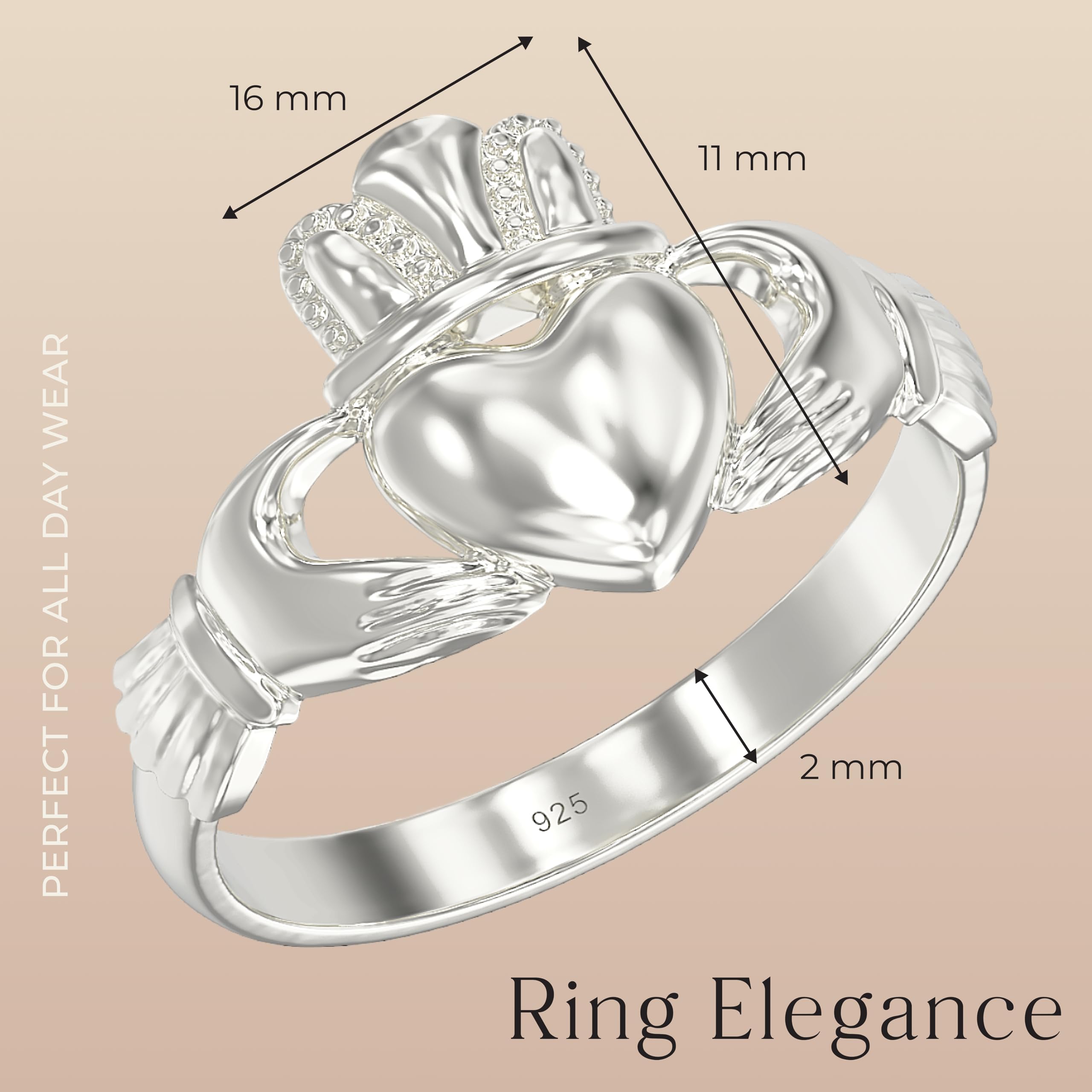 Anillo de plata de ley 925 Claddagh con diseño irlandés celta irlandés amor amistad y lealtad para mujer tallas J - R