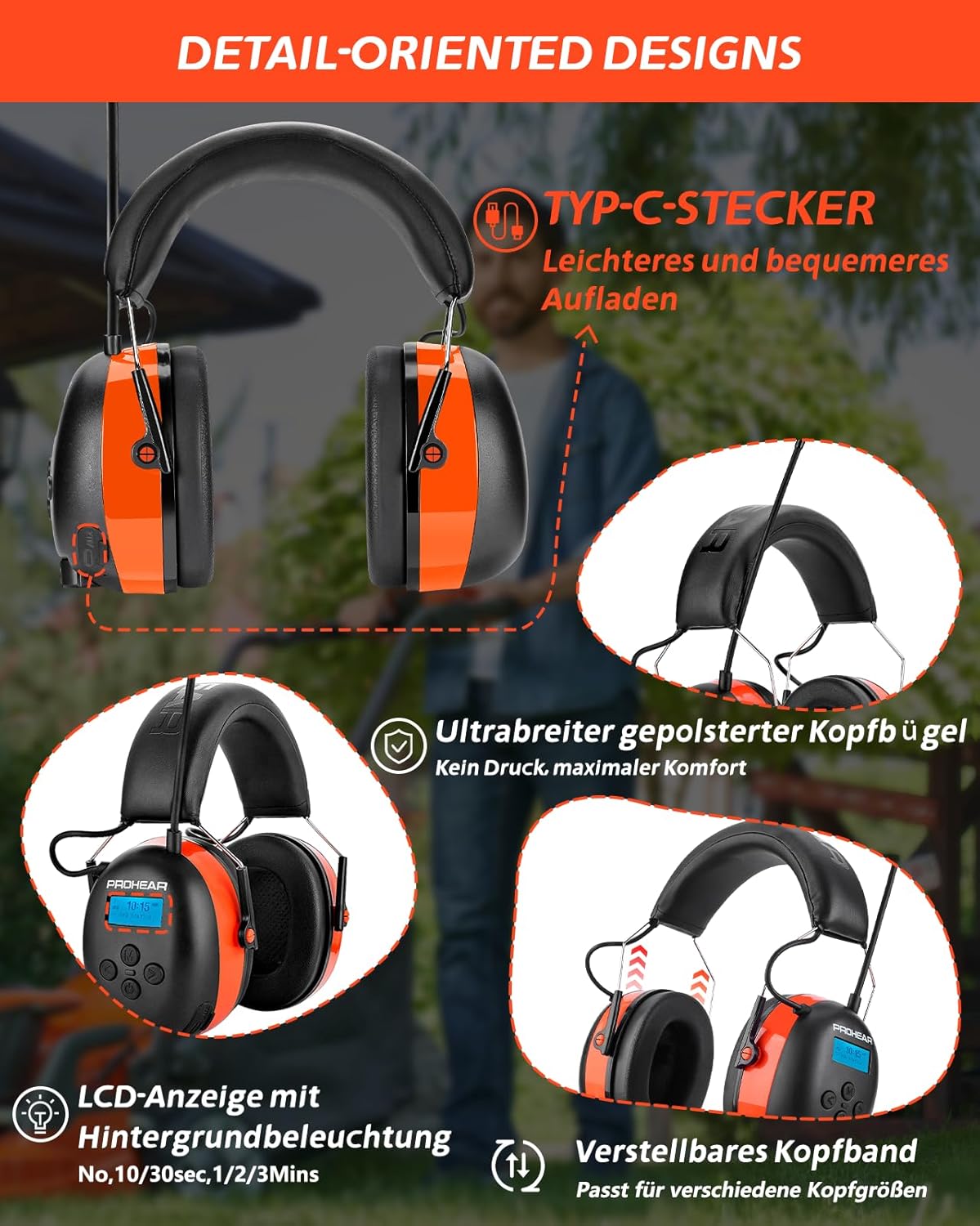 Detailed view of PROHEAR 033A earmuffs highlighting features like the USB-C charging port, ultra-wide padded headband, LCD display with backlight, and adjustable headband.