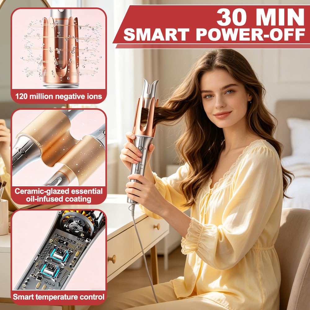 Rizador de Pelo Automatico 25mm, HOVCEH Automatic Curling Iron con Temporizador Inteligente, 3 Ajustes de Temperatura Rizador Pelo Automatico para Cabello Seco y Húmedo