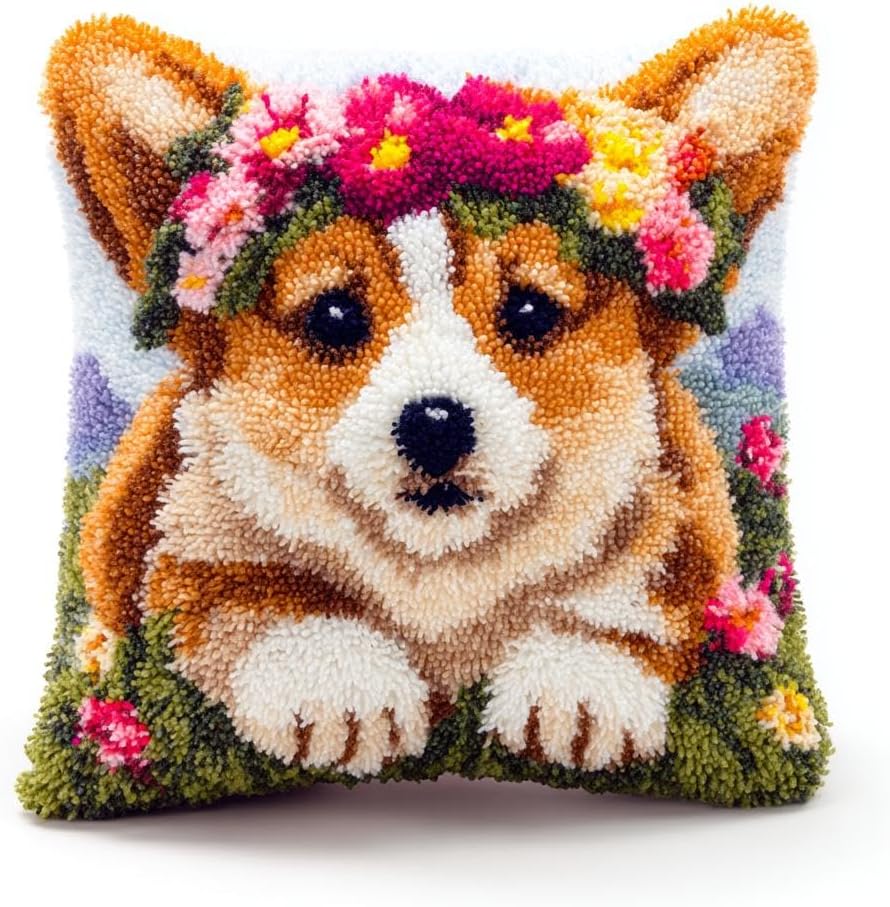 DIY Latch Hook Pillow Kit Corgi Dog Puppy Wear Flower Wreath Easy for Beginners with Pattern DIY Crochet Craft Kit Pillowcase Cushion for Home Decor 43x43cm-2
