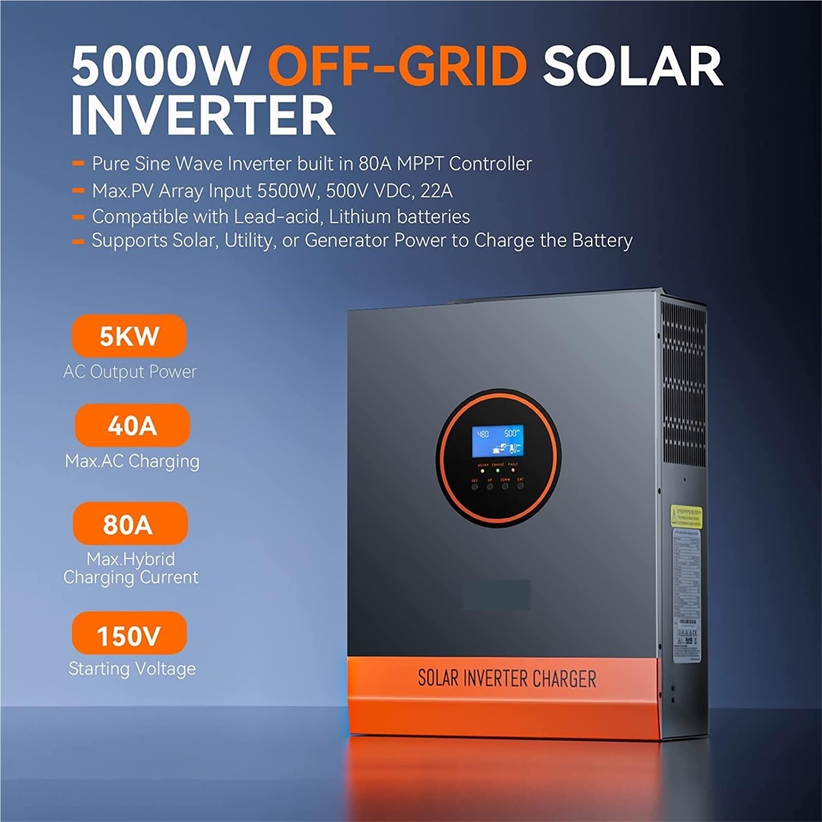 Onduleur hybride solaire monophasé 5000 W, sortie 110 V/120 V CA, onde sinusoïdale pure DC 48 V avec contrôleur de charge solaire MPPT 80 A(5KW 48V without WIFI)