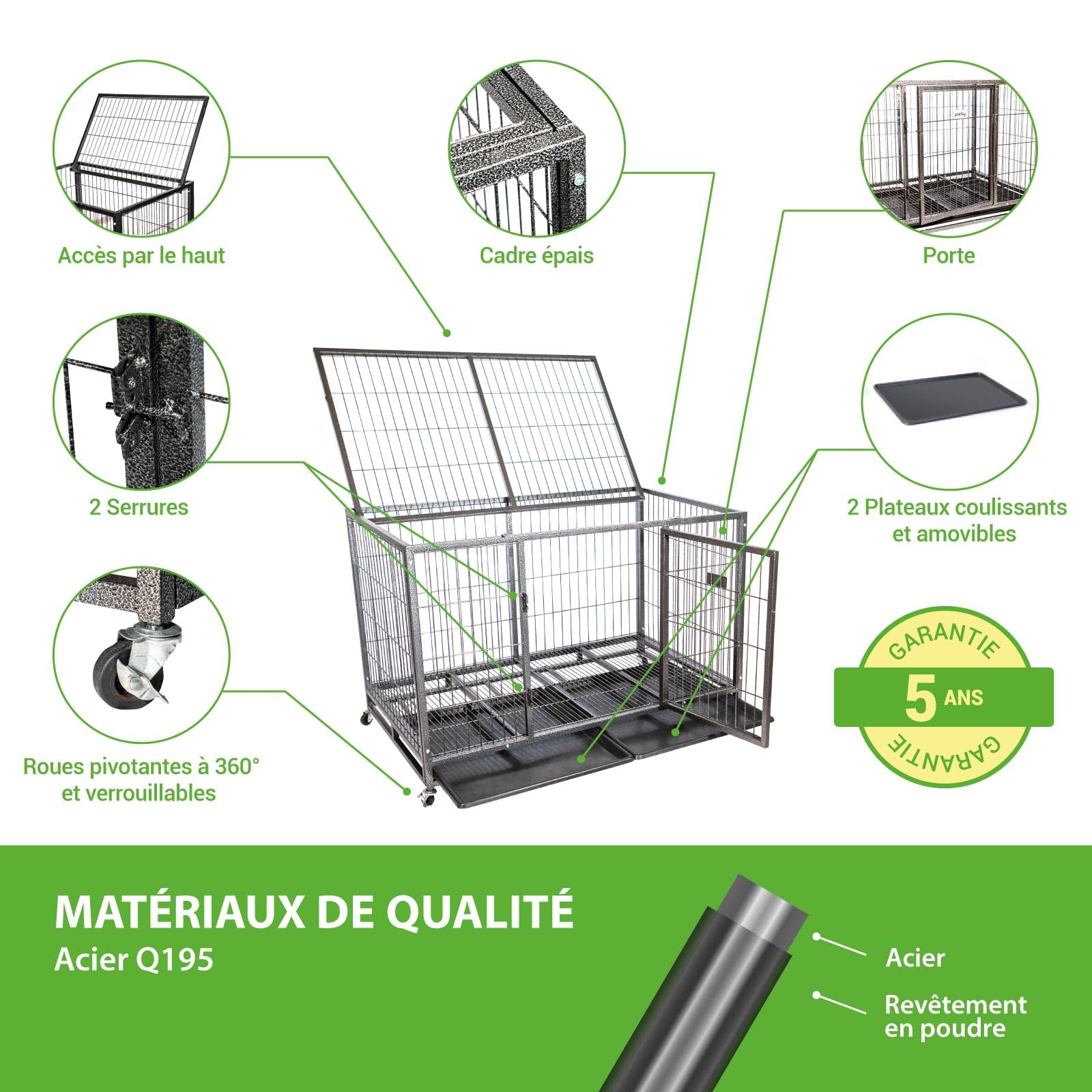 Cage pour Chien intérieur et extérieur MouvedyXL, 123x79x84cm, Caisse de Transport, Roues verrouillables, Pliable, 2 Portes, Plateau Amovible Paitsy