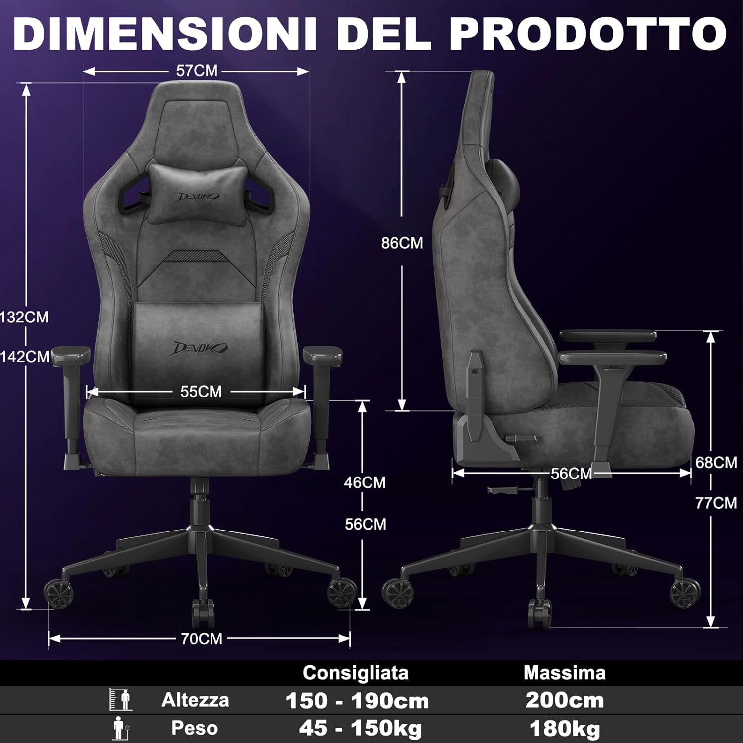 Assembled Devoko Gaming Chair with dimensions