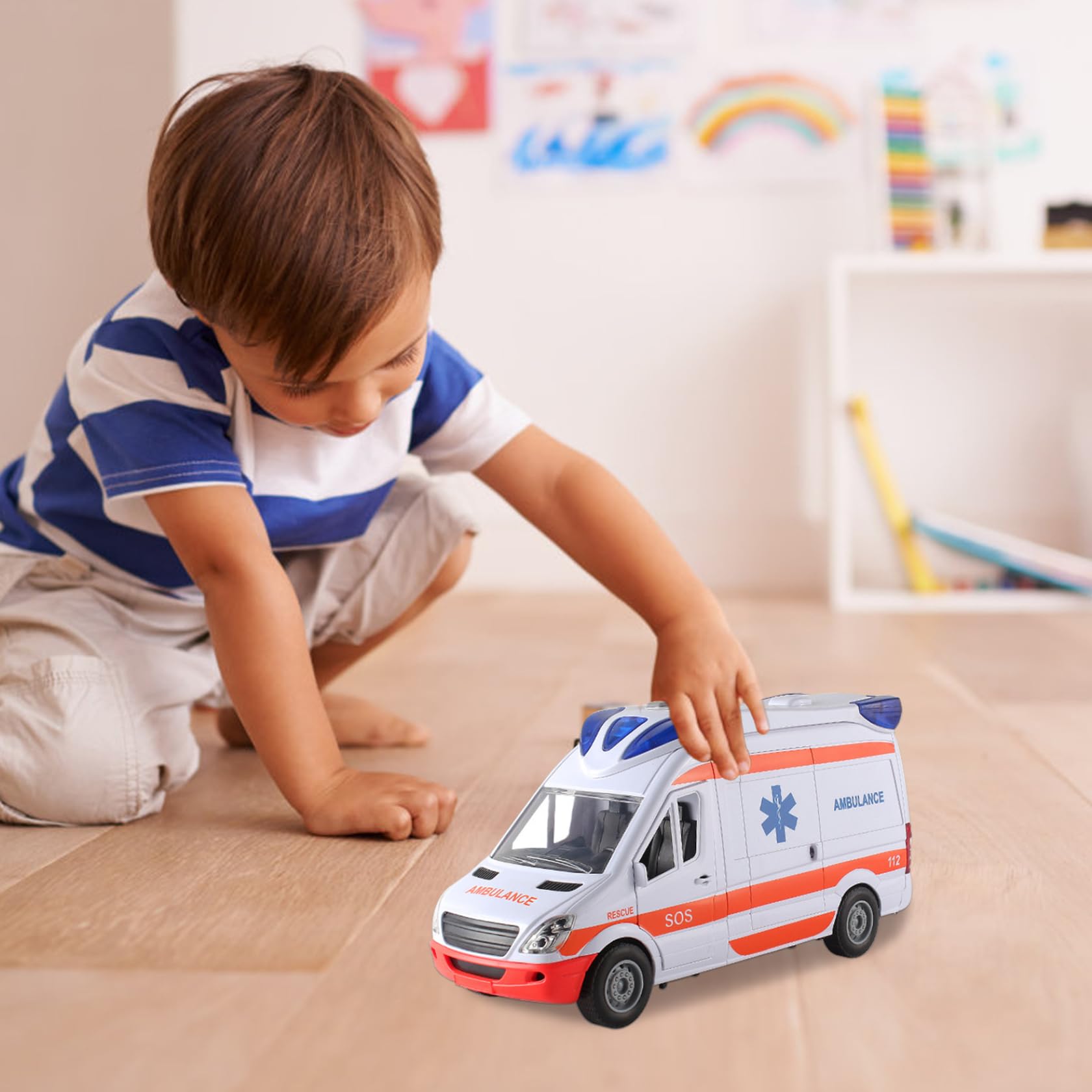 1pc Ambulance Juguete con Luces y Sonidos simulación Ambulancia de Juguete de batería con 5 Puertas Abiertas Vehículo de Juguete de inercia para niños Antimitaciones de 3+ cumpleaños