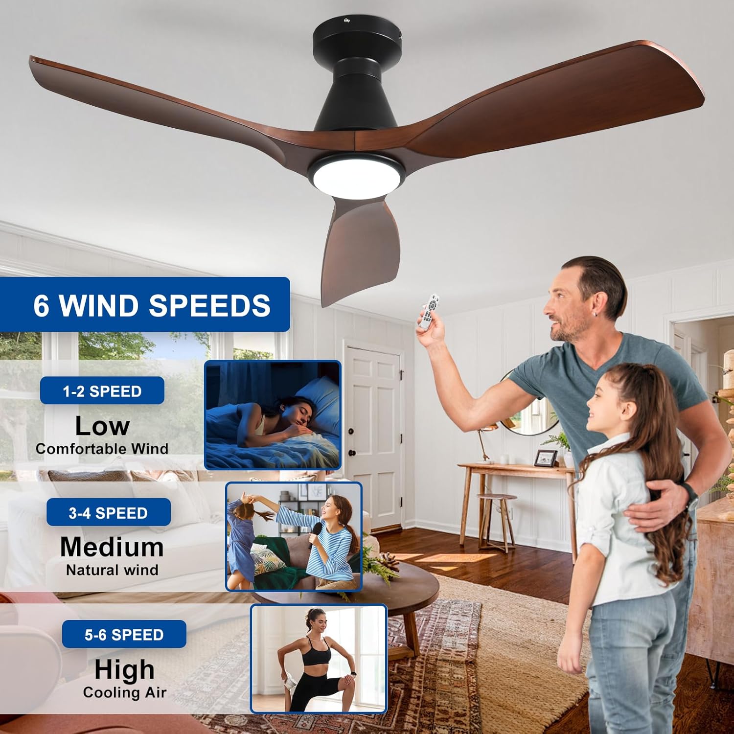DLLT 42-Inch Ceiling Fans with Lights: Flush Mount Ceiling Fan 3 Blades for Indoor Outdoor - Dimmable Ceiling Fan with Remote APP Control Noiseless DC Motor for Low Profile Bedroom