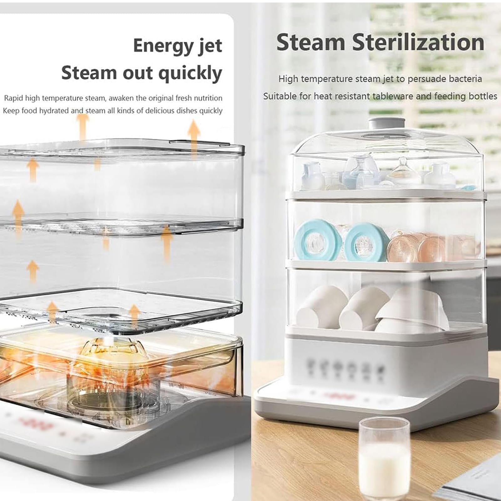 Vaporiera Elettrica da 800 W, Pentola a Cottura a 3 Livelli da 40 Litri, Appuntamento 12 Ore, modalità di Riscaldamento 12 Ore e Design Anti-bruciatura
