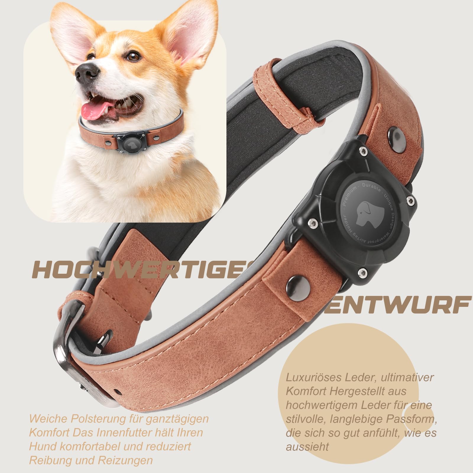 Halsband Hund Leder mit Air Tag Halter, Airtag Hundehalsband IPX8 Wasserdicht, Handgefertigt, Weich und Bequem, Reflektierend, Verstellbare Polsterung, Geeignet für Mittlere Große Hunde (Braun, XL)