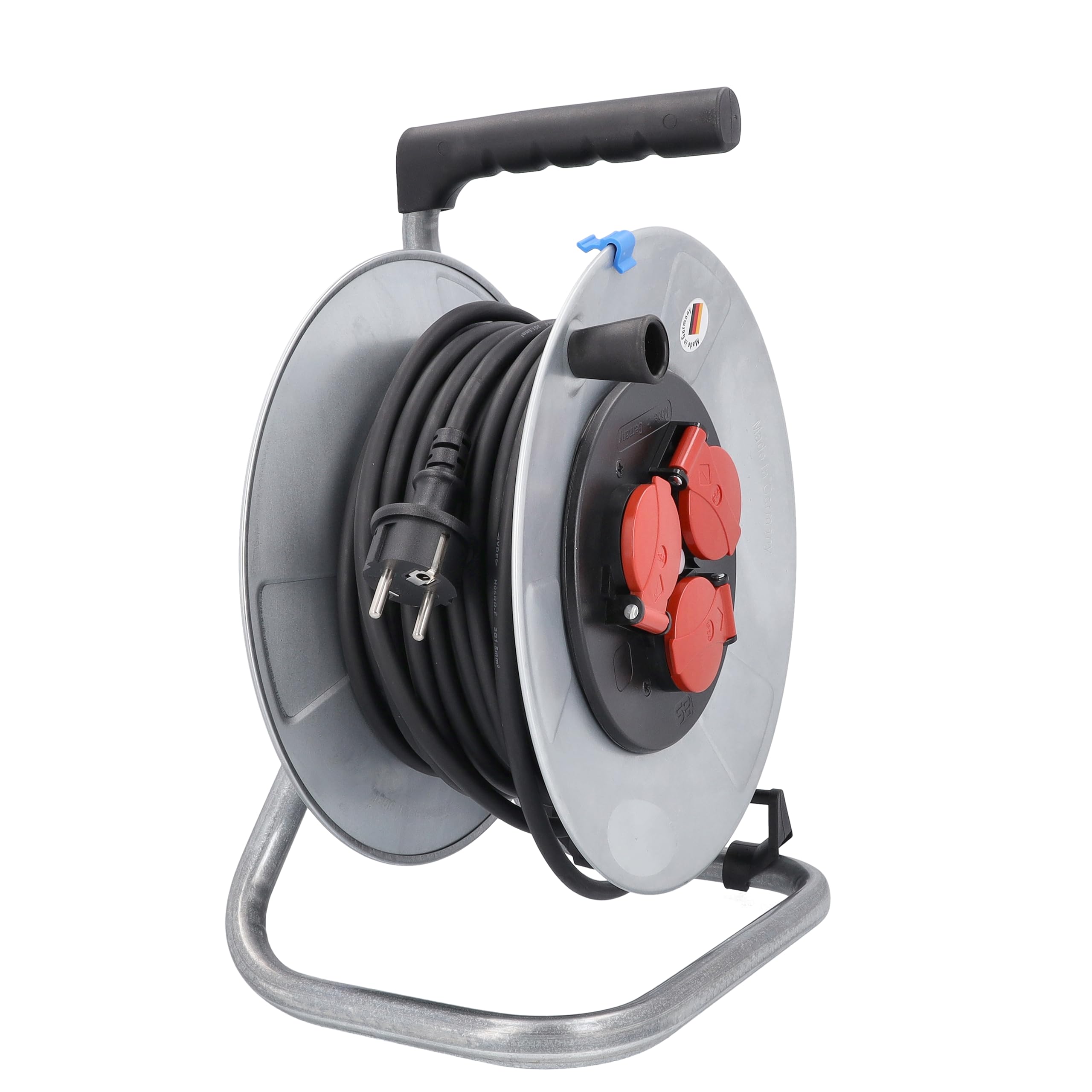 as - Schwabe enrollacables 25 m H05RR-F 3G1,5, IP44 exterior, 3 tomas de corriente con toma de tierra, Interruptor térmico, tambor de acero, Made in Germany