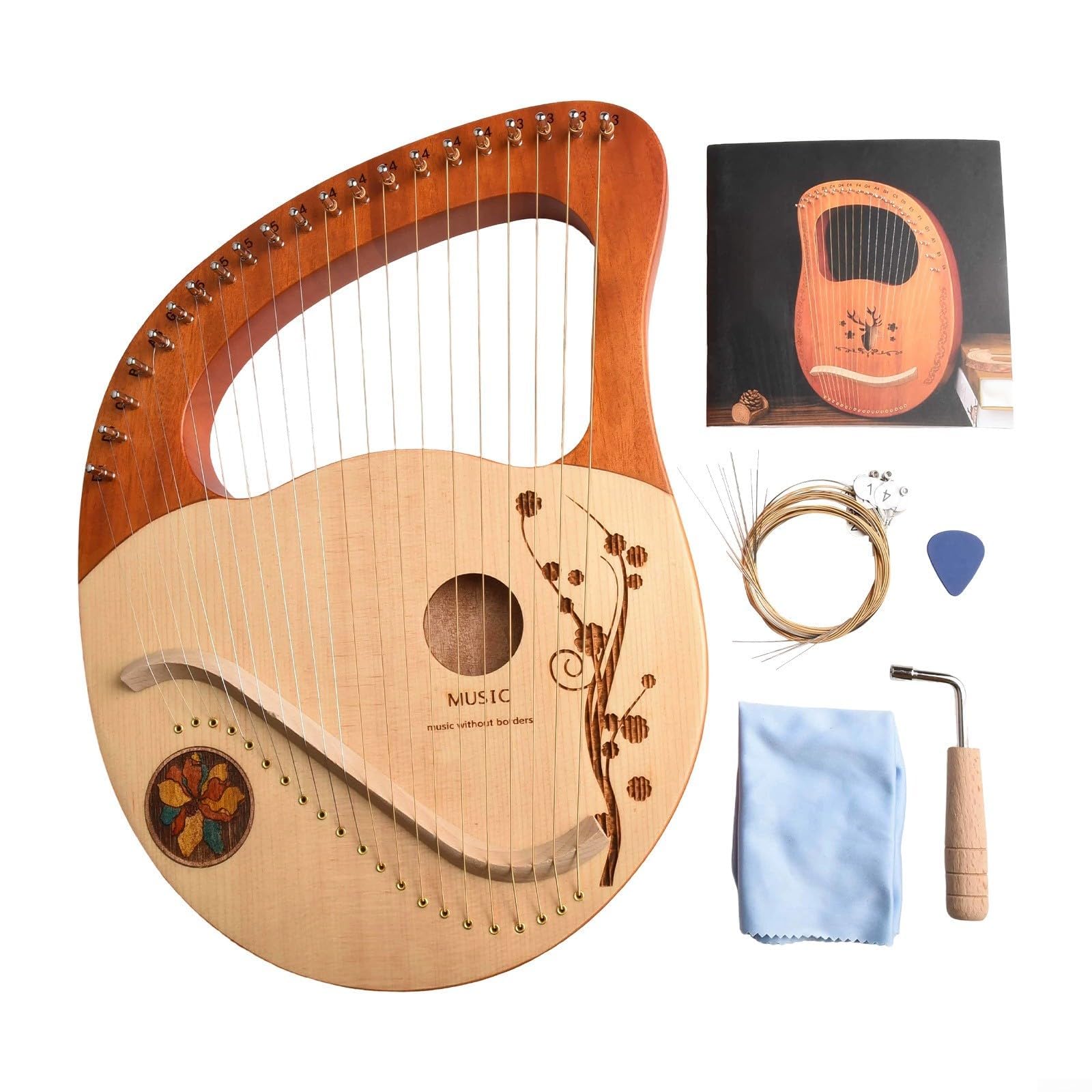Juego de instrumentos musicales de 21 cuerdas de caoba con llave de afinación, cuerdas de repuesto, paño de limpieza e instrucciones (idioma español no garantizado)