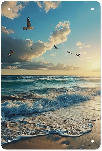 Seagulls Flying over Ocean Waves at Sunset Metal Tin Sign Wall Decor Retro Sign for Home Living Room Bedroom Coffee Wall Decor Halloween Christmas