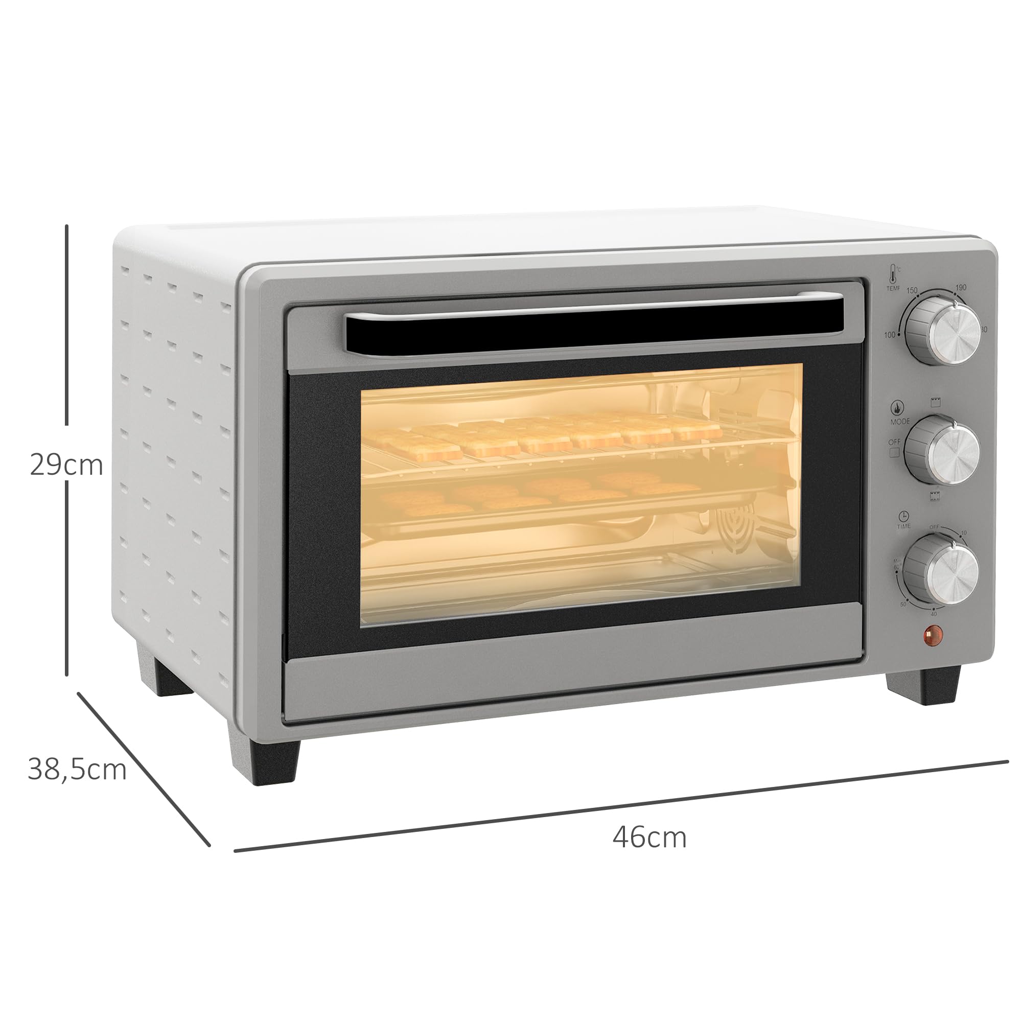 HOMCOM Mini four à pizza de 21 l, miniofen inkl. Backblech, Grillrost und Krümmelblech, 1400W Tischbackofen mit 1h Timer, Ofenrost, 100-230℃, Metall, Silber