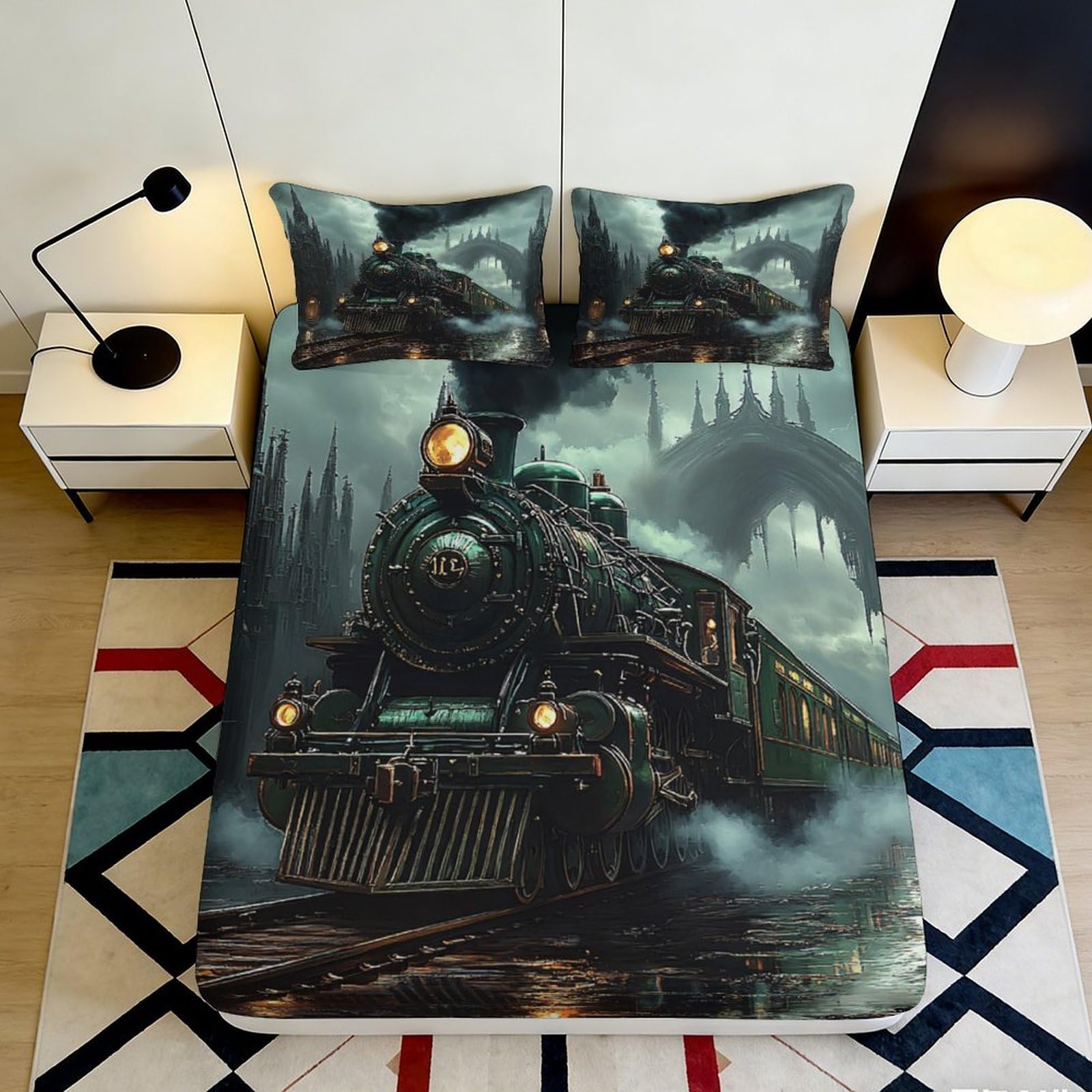 3D Printed Steampunk Train Fitted Sheet Microfiber Anti-Slip Mattress Cover for Bedroom Dorm Machine Washable Decor 160x200x25cm