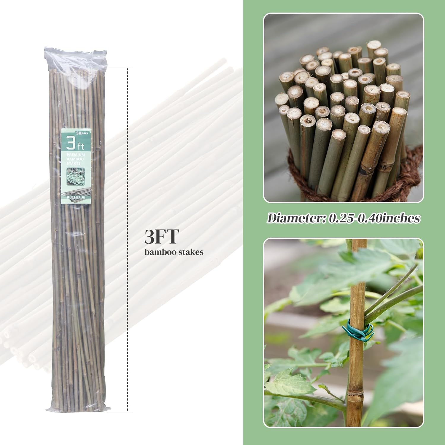 PuLi Natural Bamboo Stakes 50pcs, Eco-Friendly Garden Stakes, Plant Stakes Supports Climbing for Beans, Tomatoes, Trees (50pcs-3FT Length)