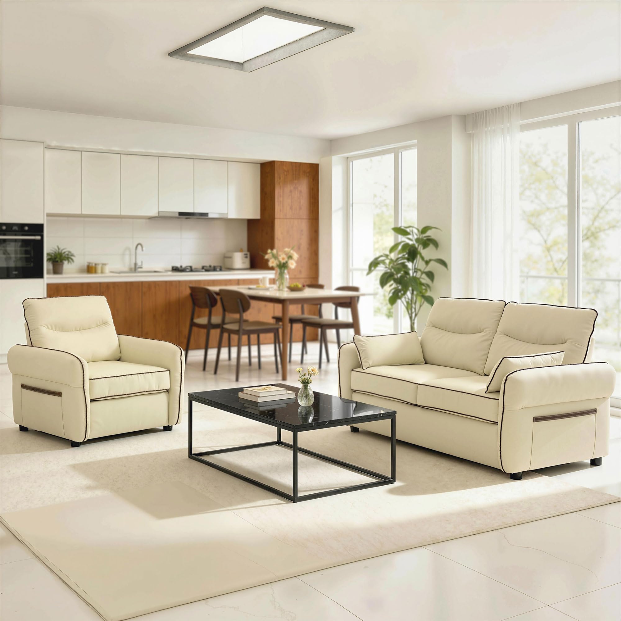 HOMCOM Divano 2 Posti Imbottito in Pelle Finta con Bordo a Contrasto, Divanetto da Salotto con Imbottitura Spessa, 2 Cuscini Rimovibile e Lavabile, Braccioli e Tasche Laterali, 136x81x90 cm, Beige