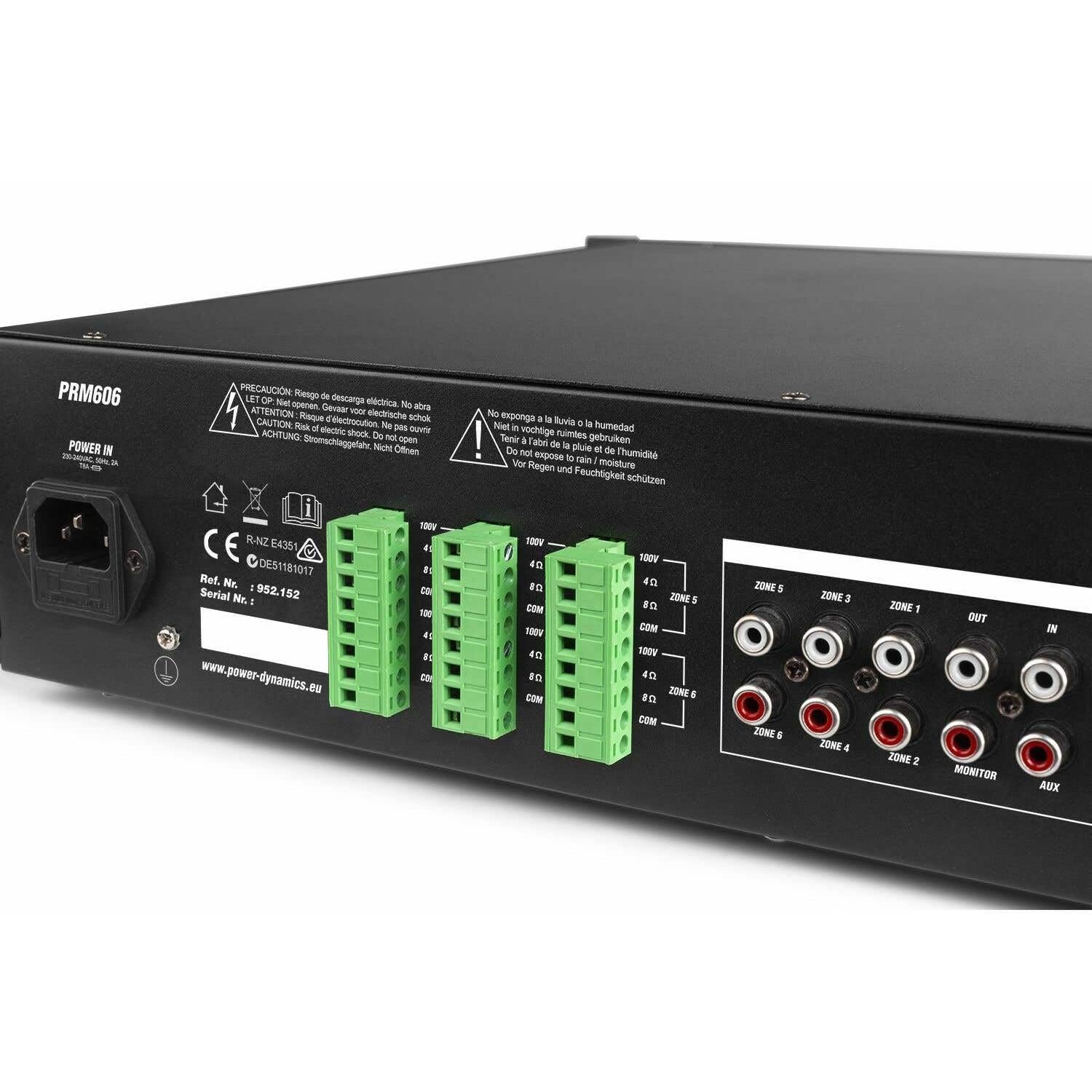 Power Dynamics PRM606 - Amplificateur Matriciel avec 6 Canaux 100 V 6x60W, Lecteur MP3/USB/SD, Technologie Bluetooth, Prises 6,35mm, Idéal pour l'Installation dans Un Bureau ou Magasin