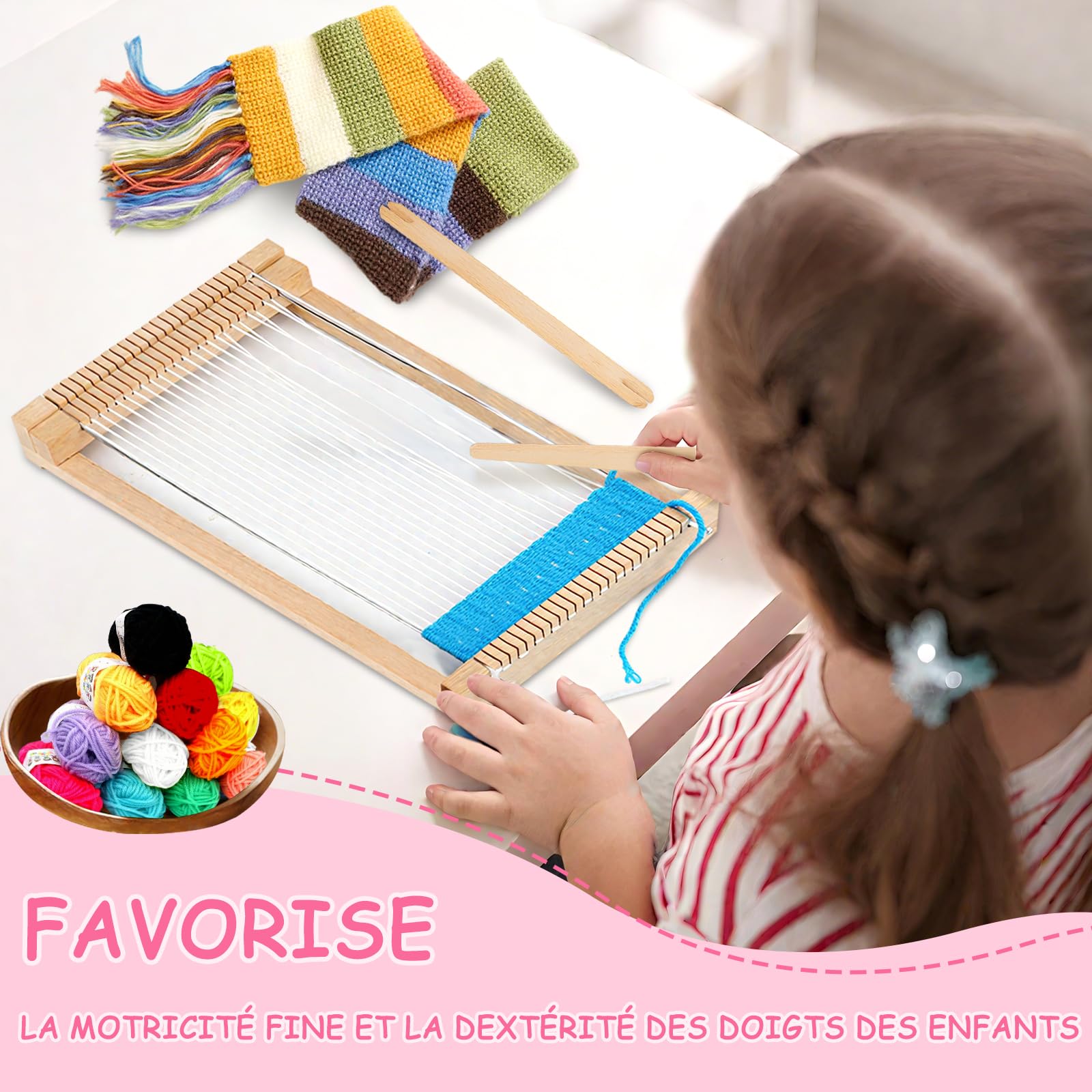 Bibykivn Métier à Tisser En Bois, Machine à Tricoter à la Main Bricolage, Kit de Métier à Tisser pour les Enfants de 6 à 12 Ans, Avec Iaine Colorée pour débutants et enfants