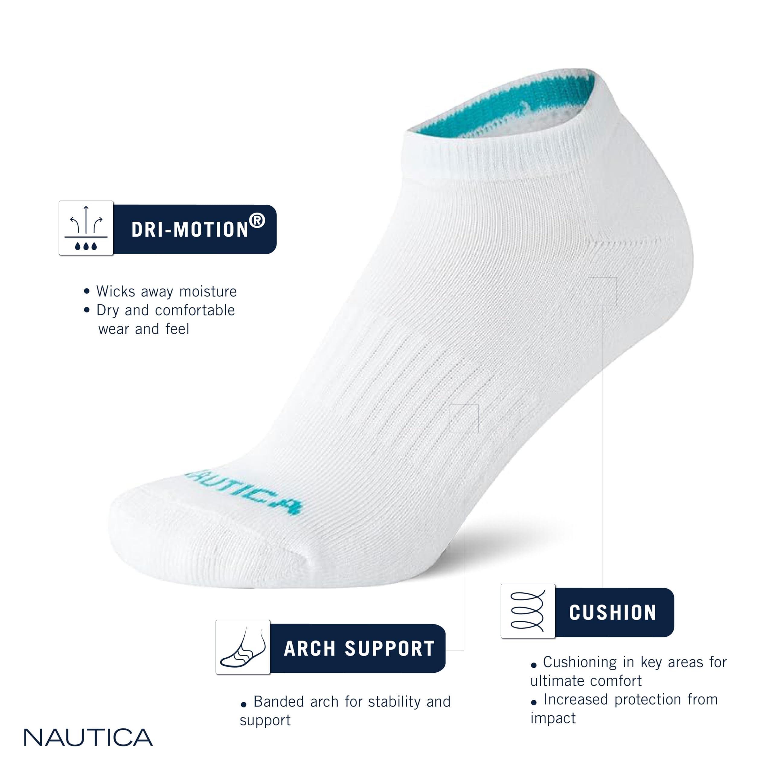 Nautica Women's Low Cut Moisture Control Athletic Socks with Cushioned Comfort (12 Pack) (Solid White, Shoe Size: 4-10)