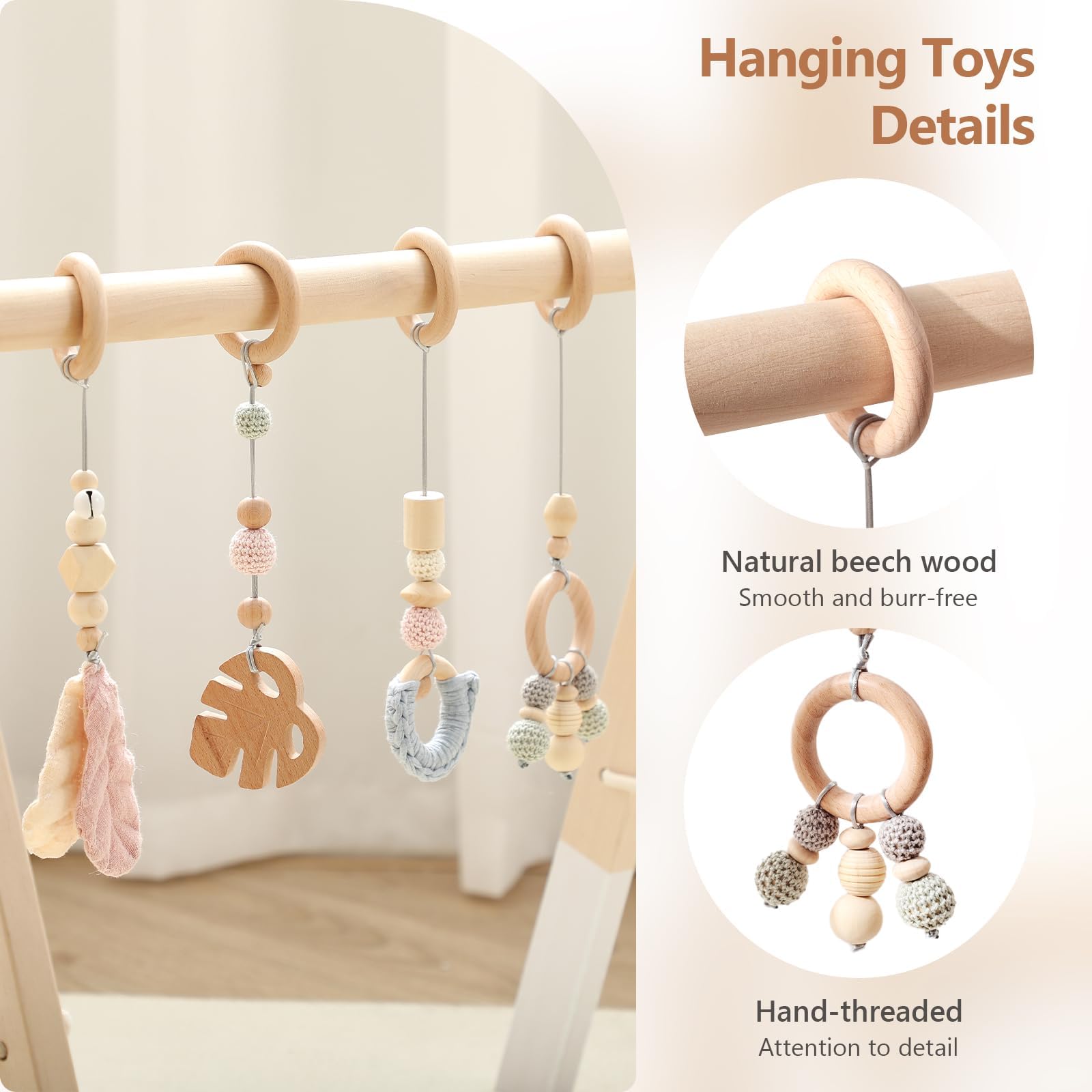Promise Babe Wooden Baby Play Gym Play Arch Baby 4 Detachable Sensory Baby Toys Pink Pendant Design Newborn Baby Essentials Wooden Activity Baby Gym - Image 4
