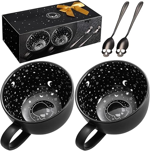 Paquete de 2 tazas de café grandes con cucharas, diseño de calavera de medianoche con cucharas, decoración espeluznante de Halloween, tazas de té,