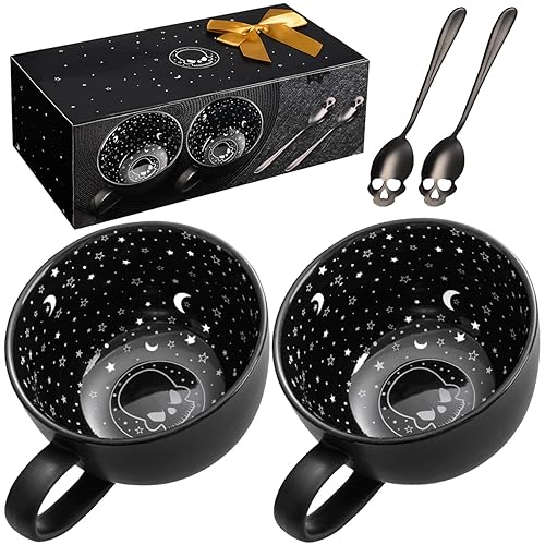 Taruzil 2Pack Midnight Skull Large Coffee Mugs with Spoons, Halloween Spooky Witchy Gothis Decor Cool Novelty Tea Cups, Christmas Birthday White Elephant Gifts for Women Men Friends - 2pack