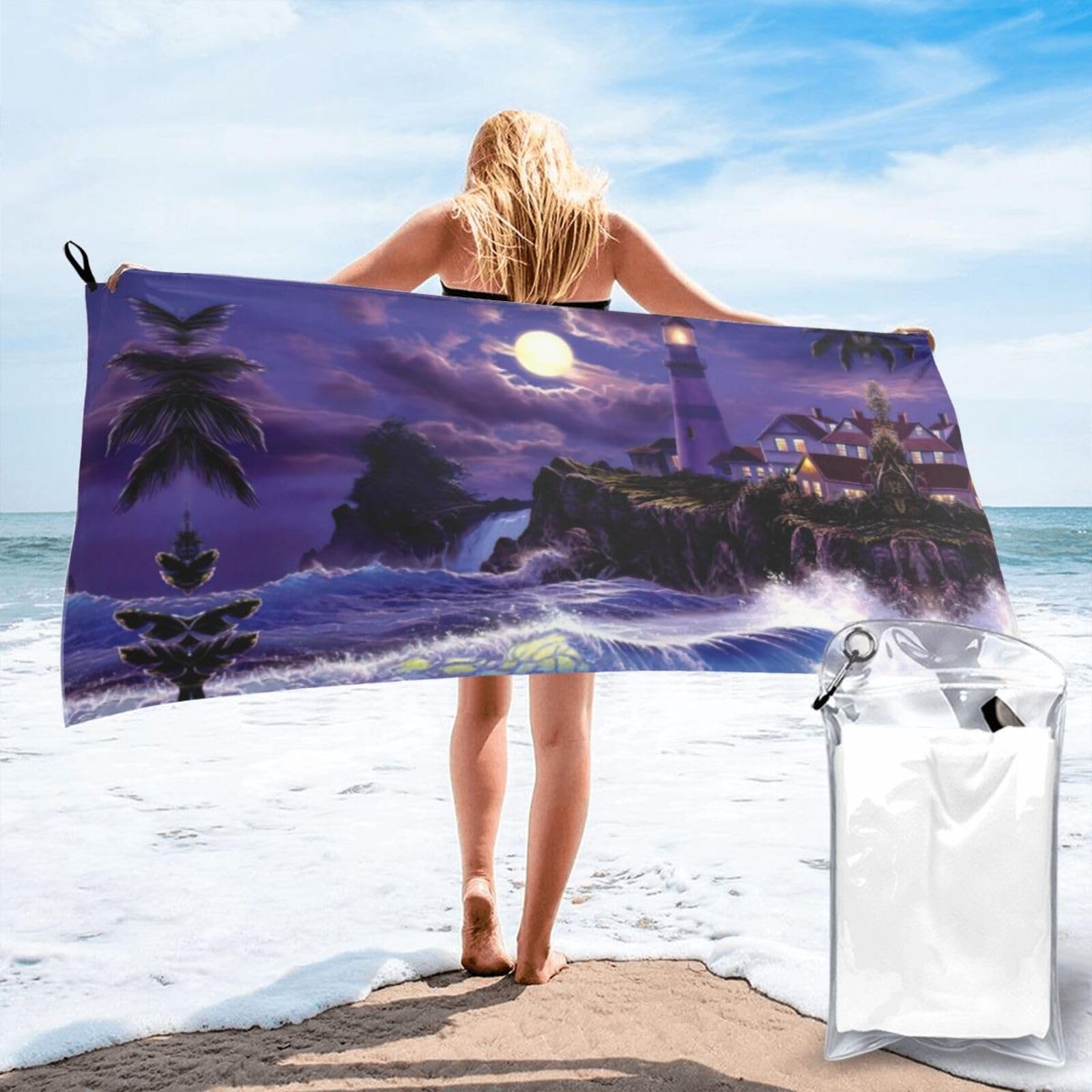 WYCZHY Moonlight Lighthouse Print Beach Towel Soft Quick Dry For Spa Pool Gym Vacation Travelers Women Men Adults Sauna Gift