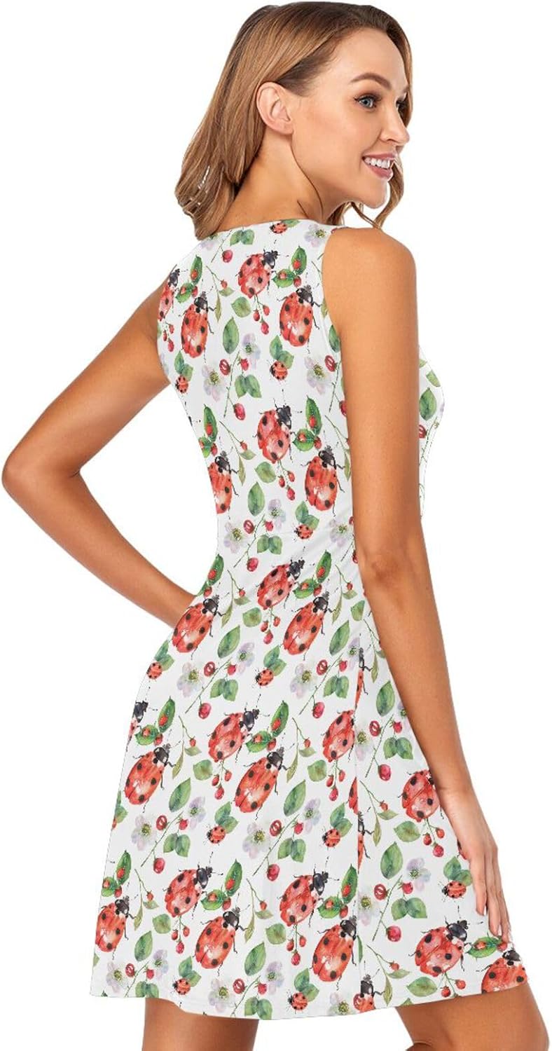 ALAZA Summer Dress Lady Bug Flower Leaf Sun Dresses Sleeveless w/Pockets