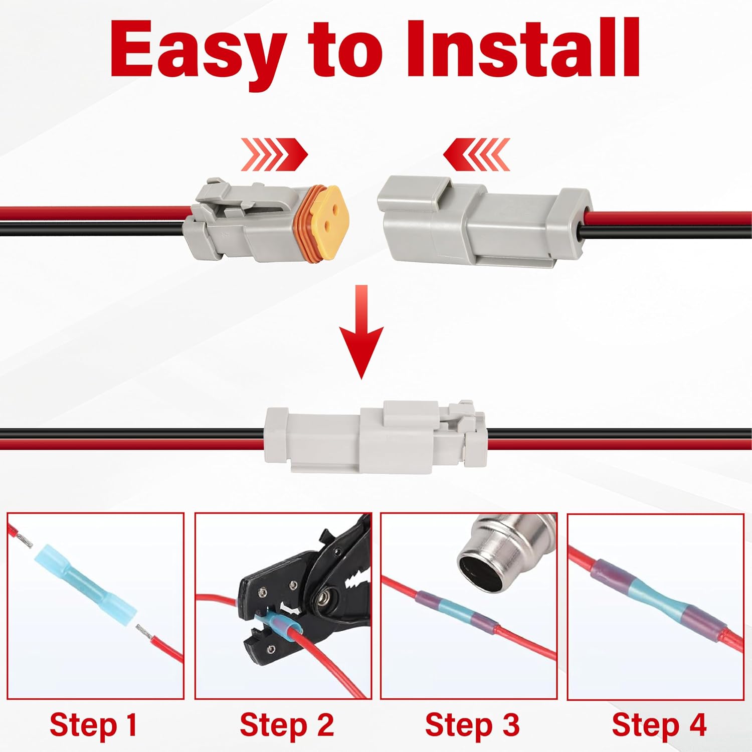 Deutsch DT 2 Pin Wiring Harness Connector 2 Kits, Deutsch Male Female 2 Wire Way Waterproof Automotive Electrical Connector 16 AWG with Heat Shrink Tubing for Car Truck Boat, grey