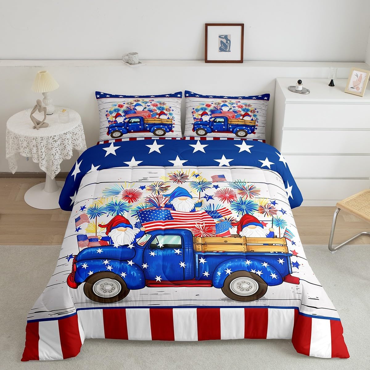 America Independence Day Comforter Set King Size,Vintage Truck Car Gnomes Bedding Set Kids Teens Adult Room Decor,Blue Red Stars Stripes Quilt Set Rustic Old Wooden Duvet Insert,2 Pillowcases